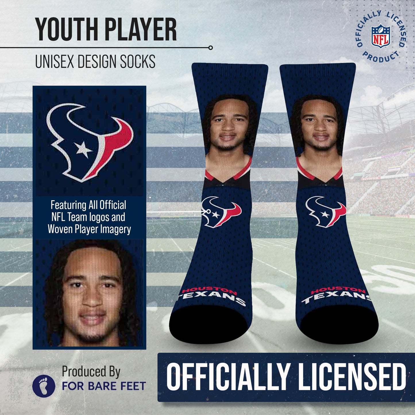 Houston Texans NFL Youth Roster Player Crew Socks - Navy