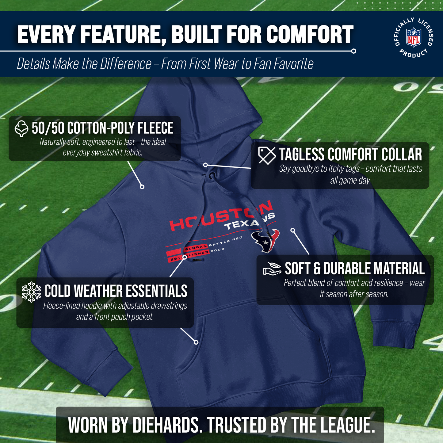 Houston Texans Adult NFL Speed Stat Sheet Fleece Hooded Sweatshirt - Navy