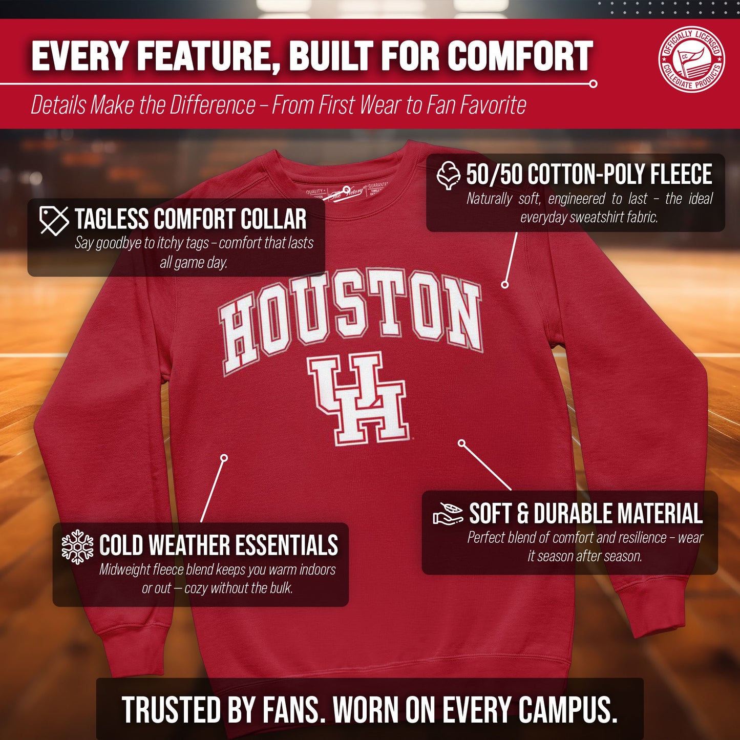 Houston Cougars Adult Arch & Logo Soft Style Gameday Crewneck Sweatshirt - Red