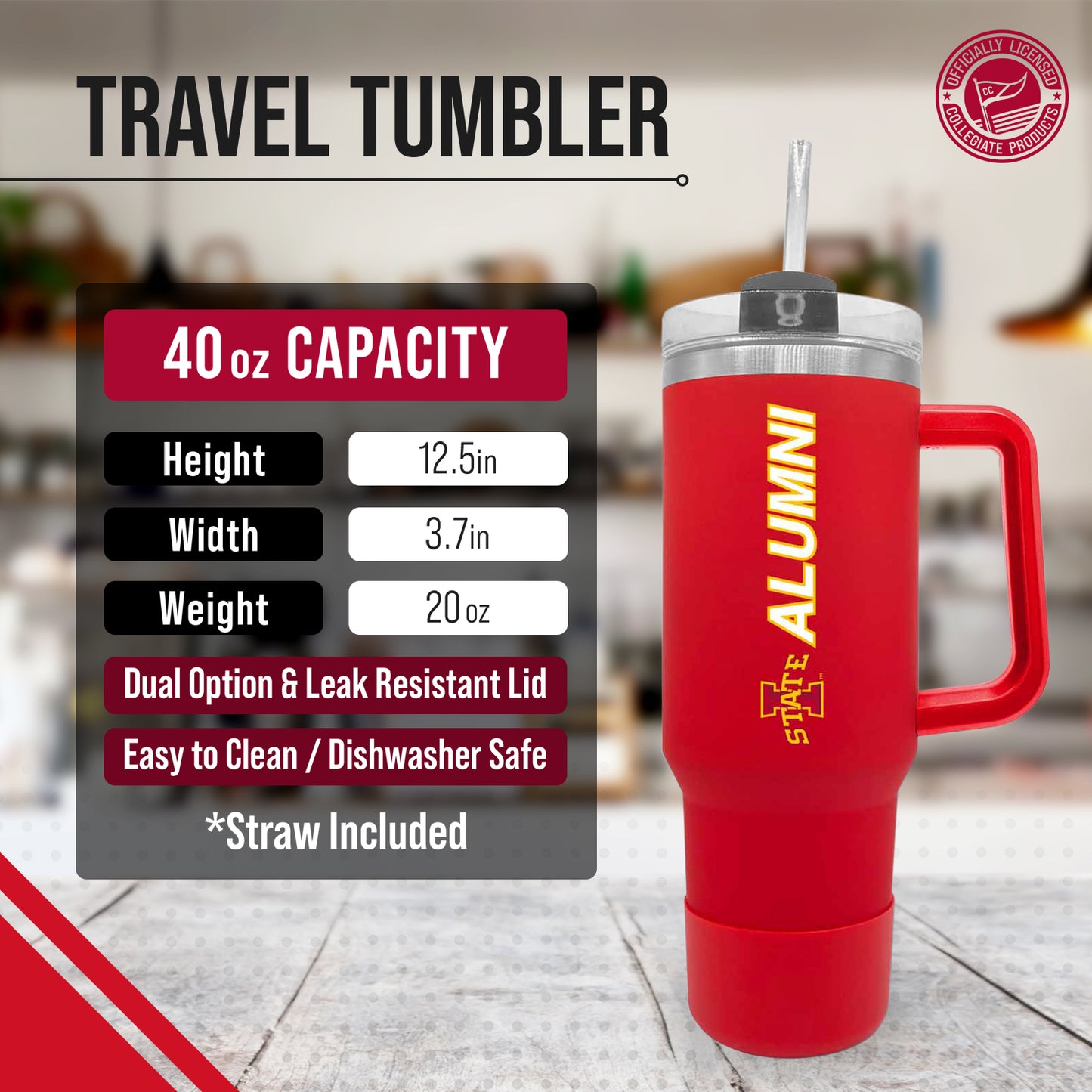Iowa State Cyclones Collegiate 40oz Stainless Steel Travel Tumbler with Handle for Alumni - Cardinal