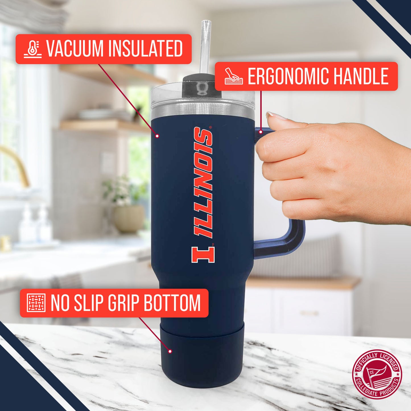 Illinois Fighting Illini College & University 40 oz Travel Tumbler With Handle - Navy