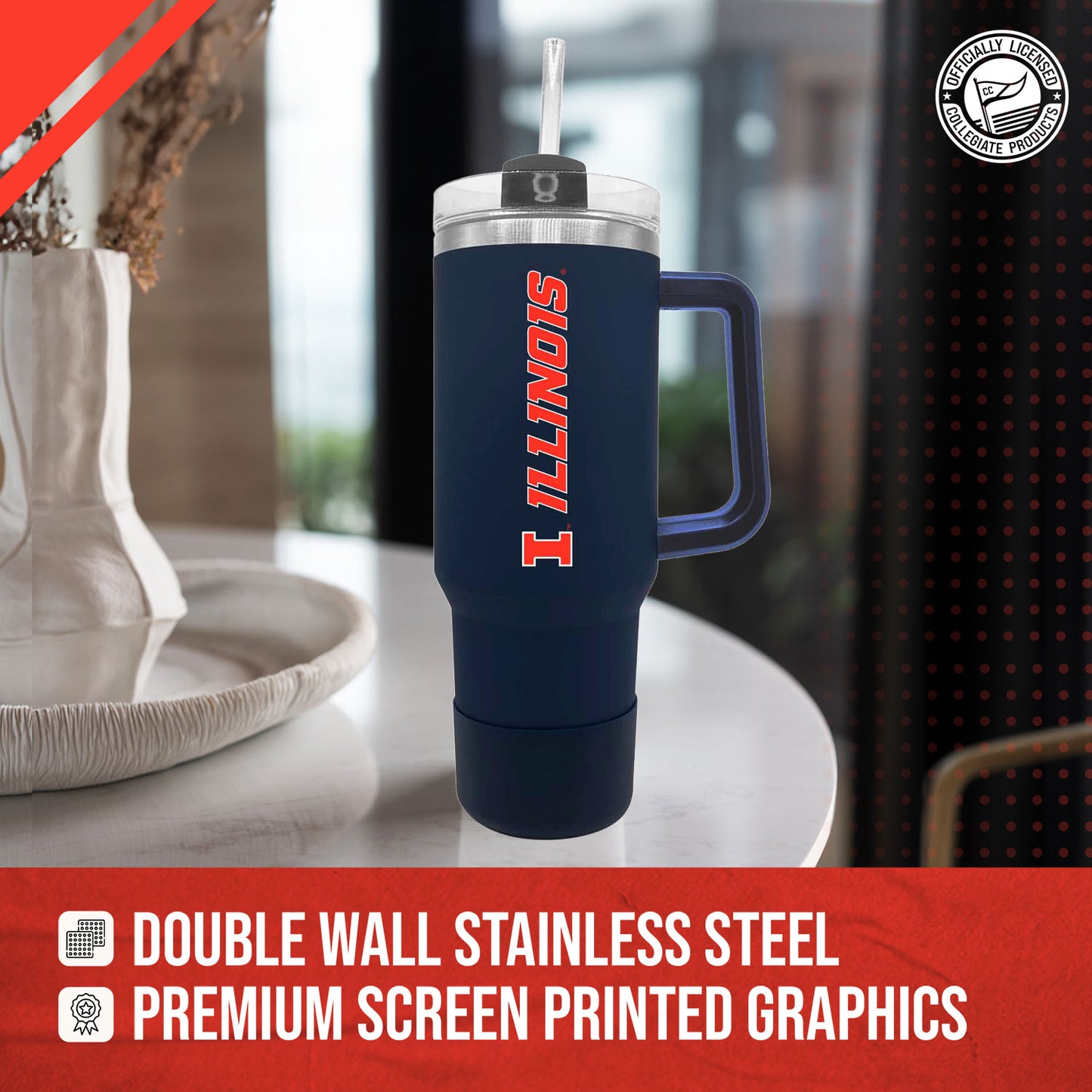 Illinois Fighting Illini College & University 40 oz Travel Tumbler With Handle - Navy