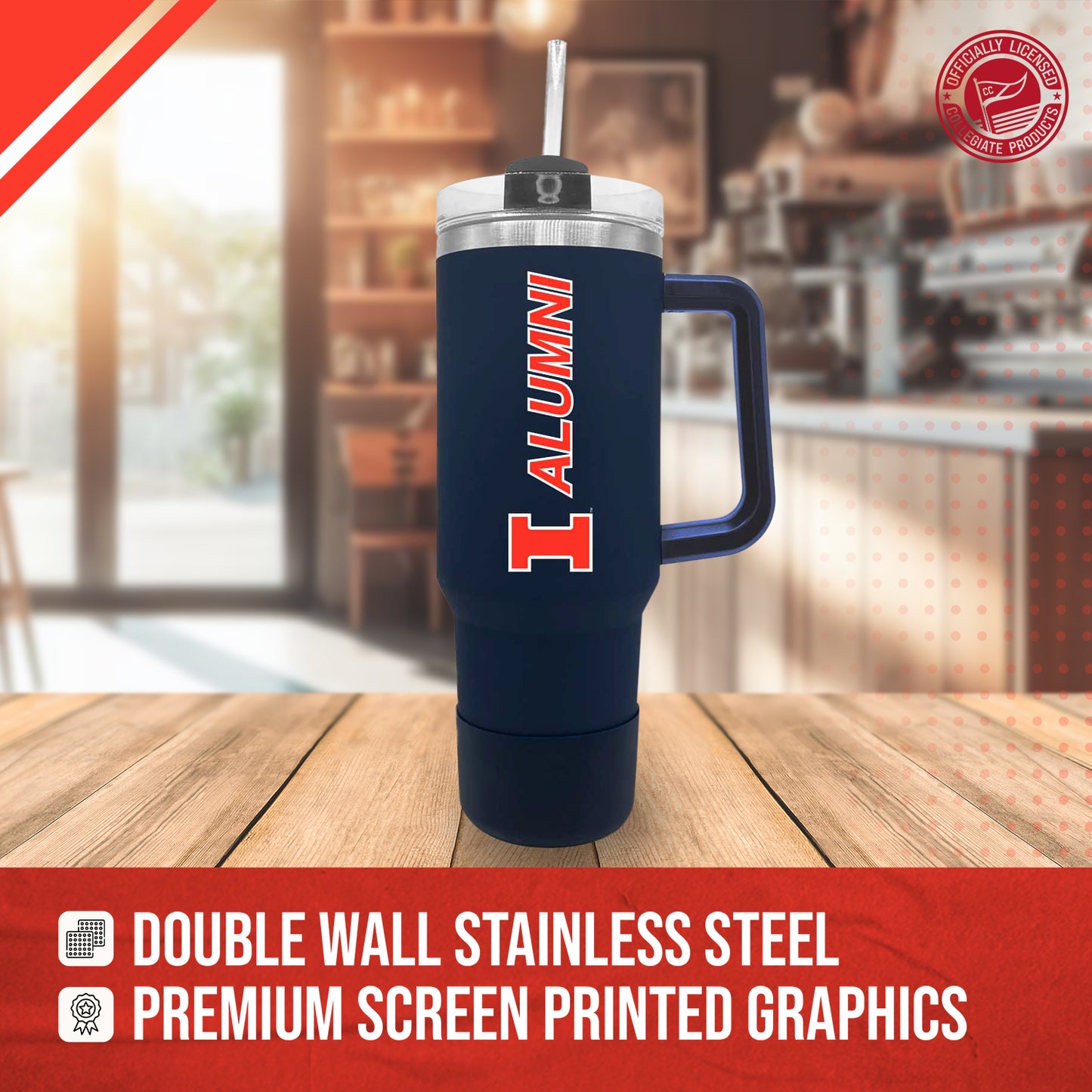 Illinois Fighting Illini Collegiate 40oz Stainless Steel Travel Tumbler with Handle for Alumni - Navy