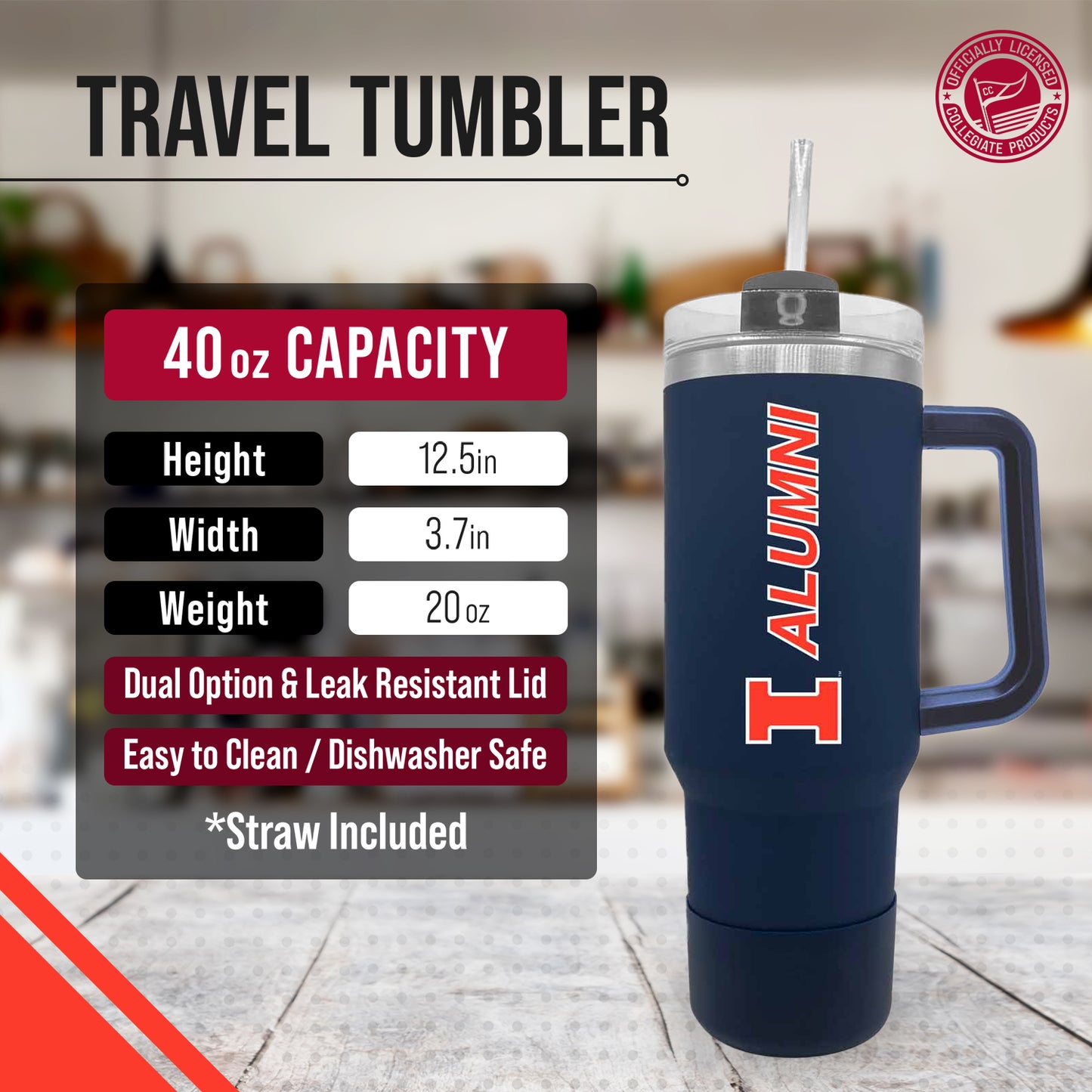 Illinois Fighting Illini Collegiate 40oz Stainless Steel Travel Tumbler with Handle for Alumni - Navy