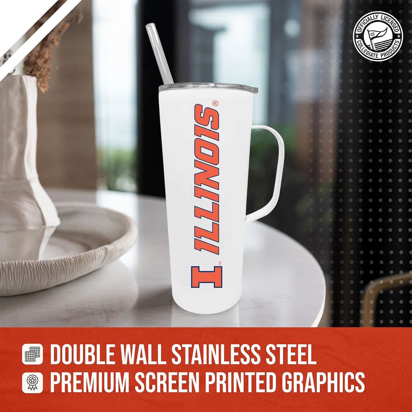 Illinois Fighting Illini NCAA Stainless Steel 20oz Roadie With Handle & Dual Option Lid With Straw - White