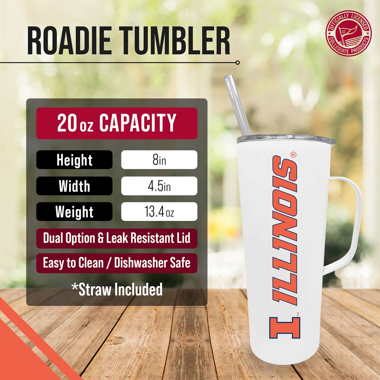 Illinois Fighting Illini NCAA Stainless Steel 20oz Roadie With Handle & Dual Option Lid With Straw - White