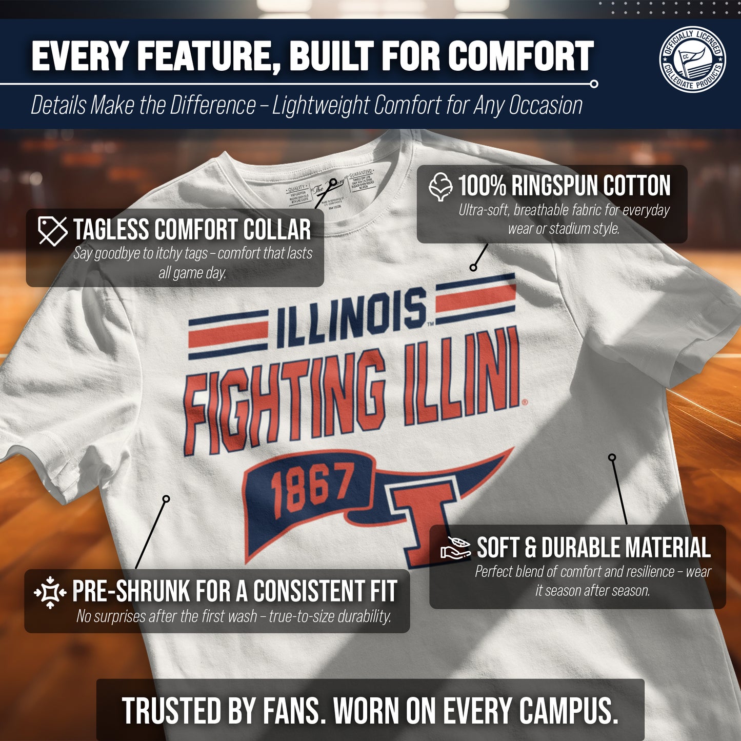 Illinois Fighting Illini NCAA Adult Unisex Varsity Club Pennant T-Shirt Tag-Less - Off White