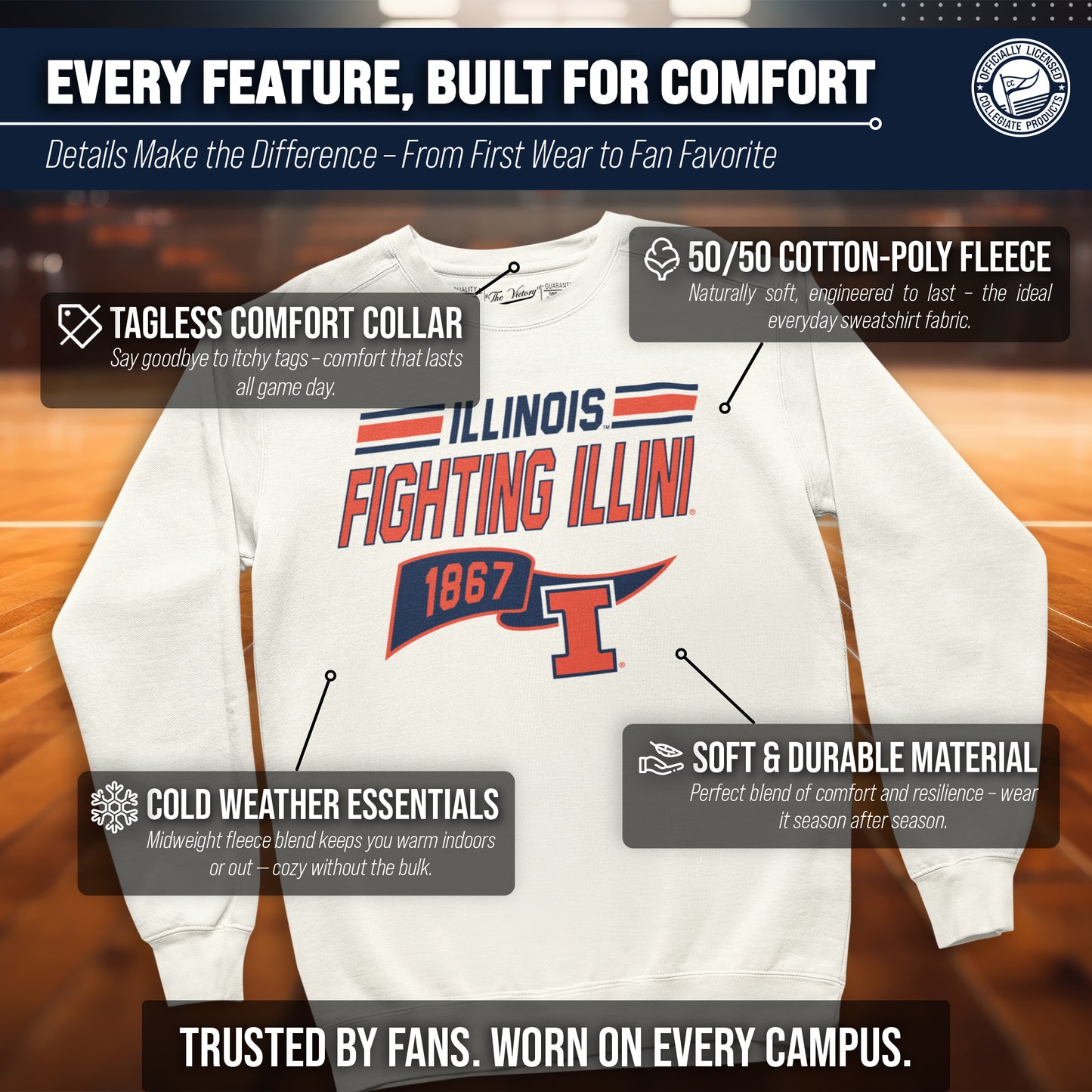 Illinois Fighting Illini NCAA Adult Unisex Varsity Club Pennant Crewneck Fleece Sweatshirt - Off White