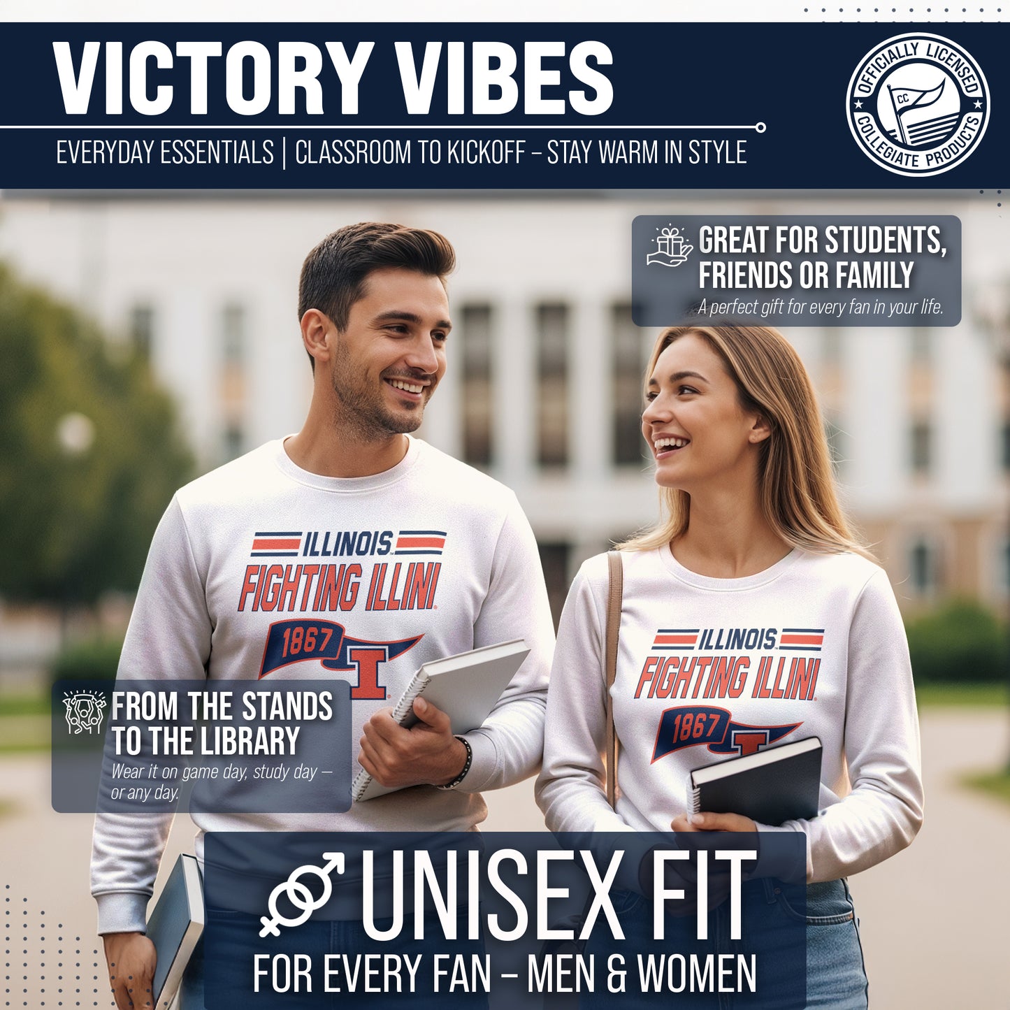 Illinois Fighting Illini NCAA Adult Unisex Varsity Club Pennant Crewneck Fleece Sweatshirt - Off White