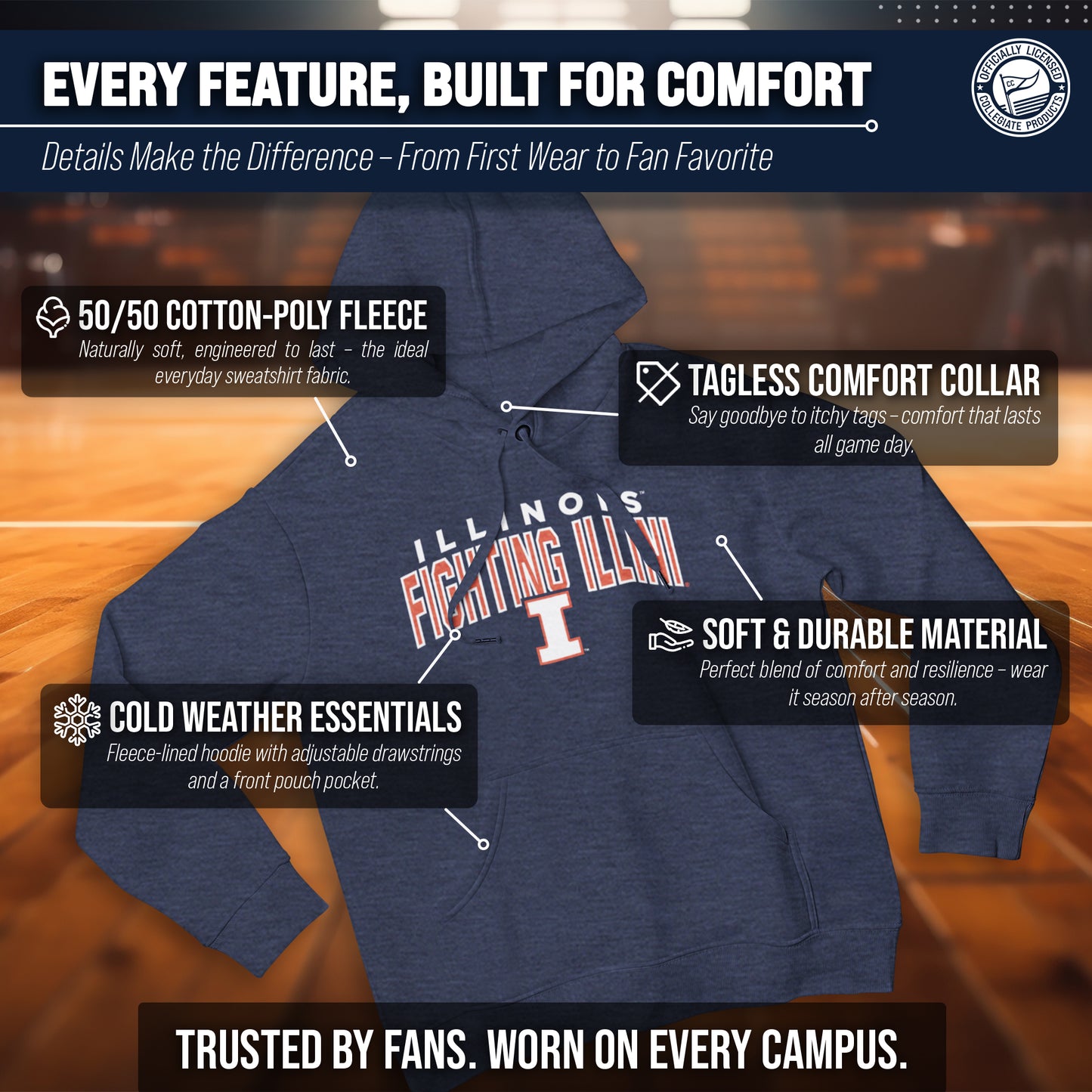 Illinois Fighting Illini NCAA Adult Unisex Starting Fresh Heathered Hooded Fleece Sweatshirt - Navy Heather