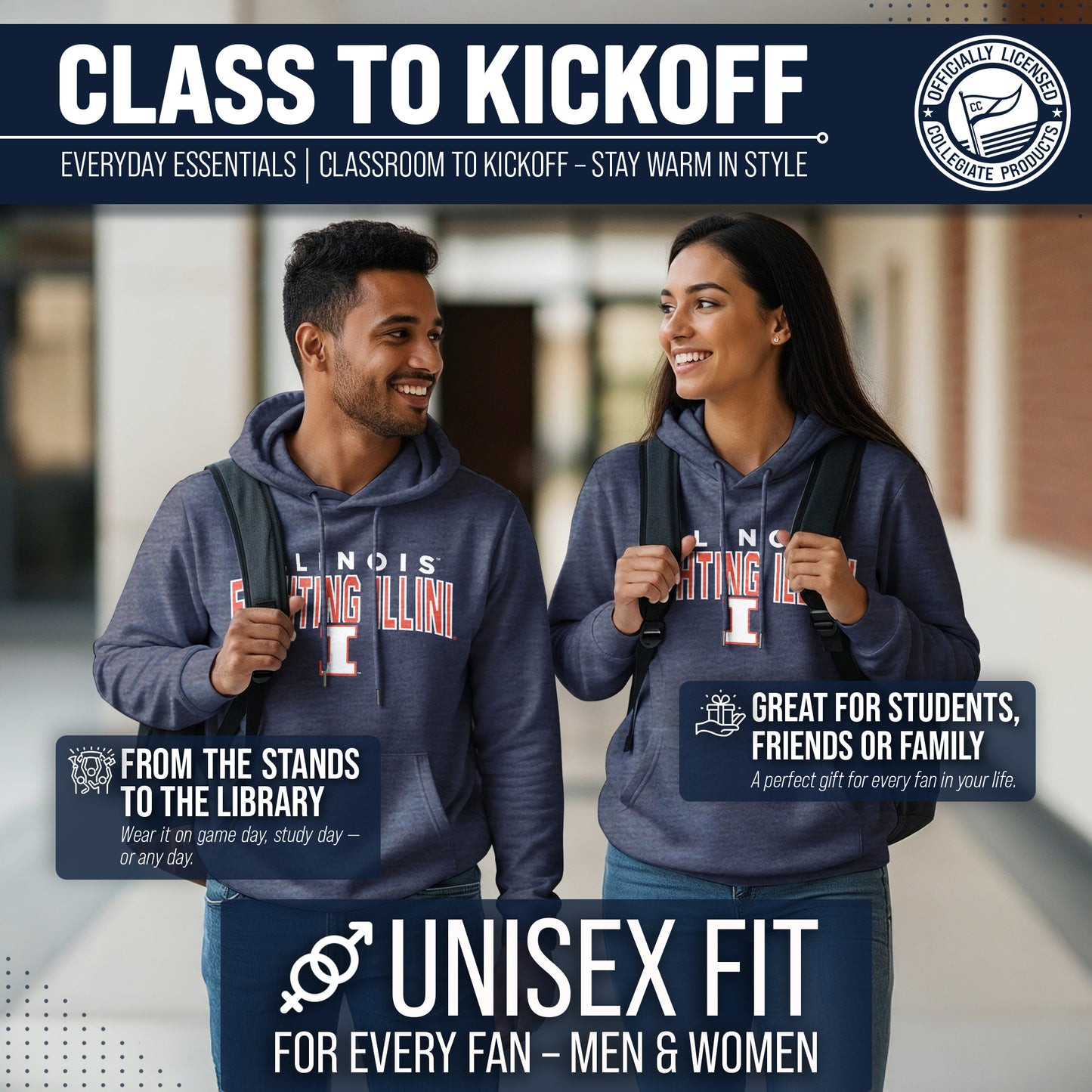 Illinois Fighting Illini NCAA Adult Unisex Starting Fresh Heathered Hooded Fleece Sweatshirt - Navy Heather