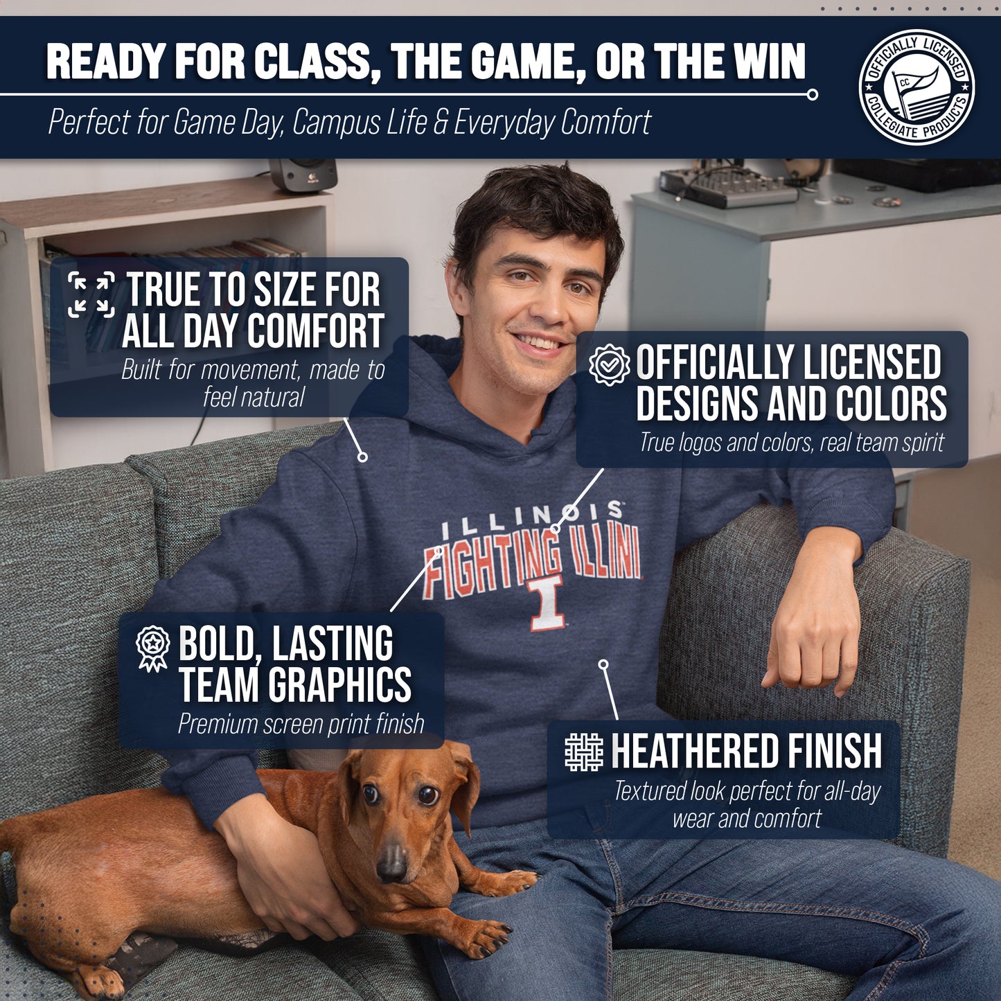 Illinois Fighting Illini NCAA Adult Unisex Starting Fresh Heathered Hooded Fleece Sweatshirt - Navy Heather