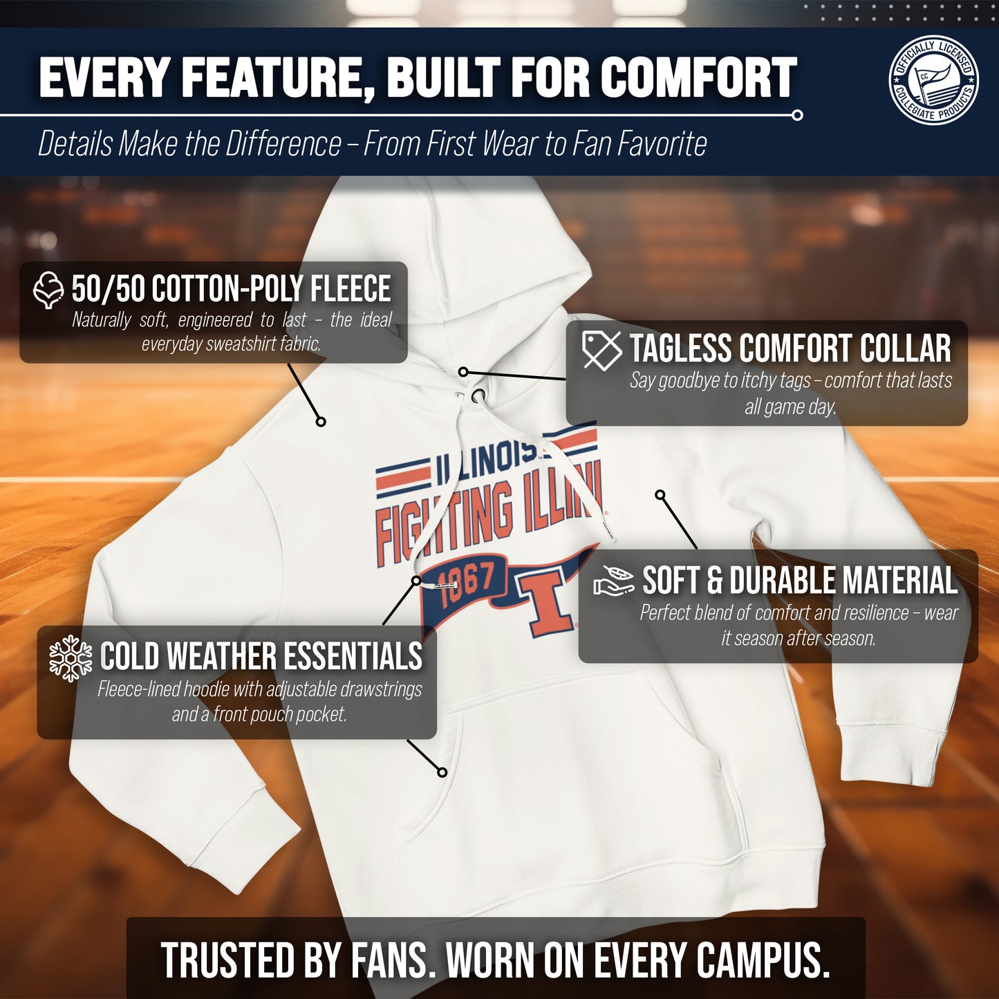 Illinois Fighting Illini NCAA Adult Unisex Varsity Club Pennant Hooded Fleece Sweatshirt - Off White