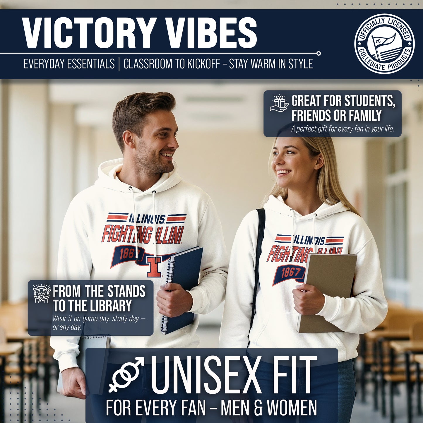 Illinois Fighting Illini NCAA Adult Unisex Varsity Club Pennant Hooded Fleece Sweatshirt - Off White