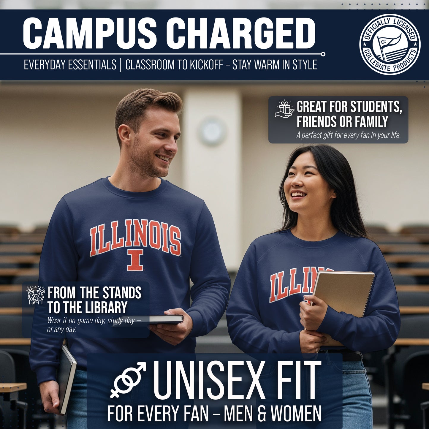 Illinois Fighting Illini Adult Tackle Twill Crewneck - Navy