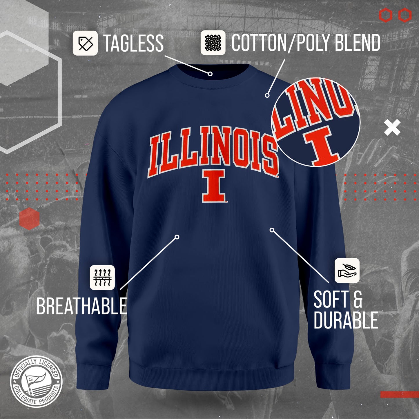 Illinois Fighting Illini NCAA Adult Tackle Twill Crewneck Sweatshirt - Navy