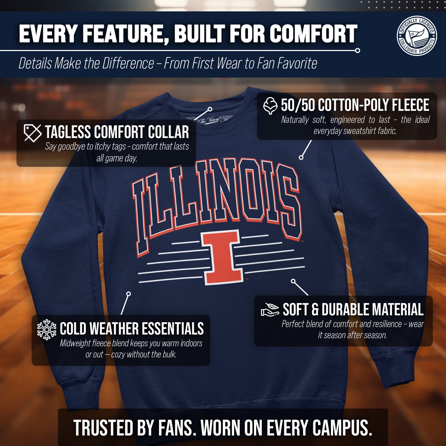 Illinois Fighting Illini NCAA Adult Unisex Overtime Classics Crewneck Fleece Sweatshirt - Navy