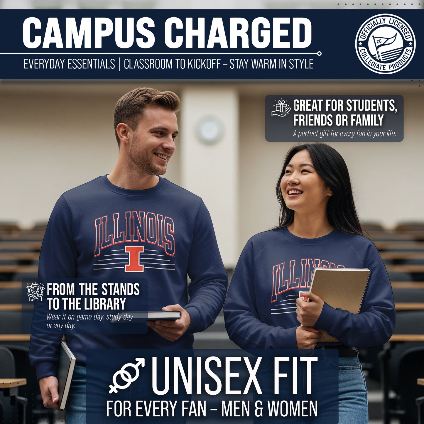 Illinois Fighting Illini NCAA Adult Unisex Overtime Classics Crewneck Fleece Sweatshirt - Navy