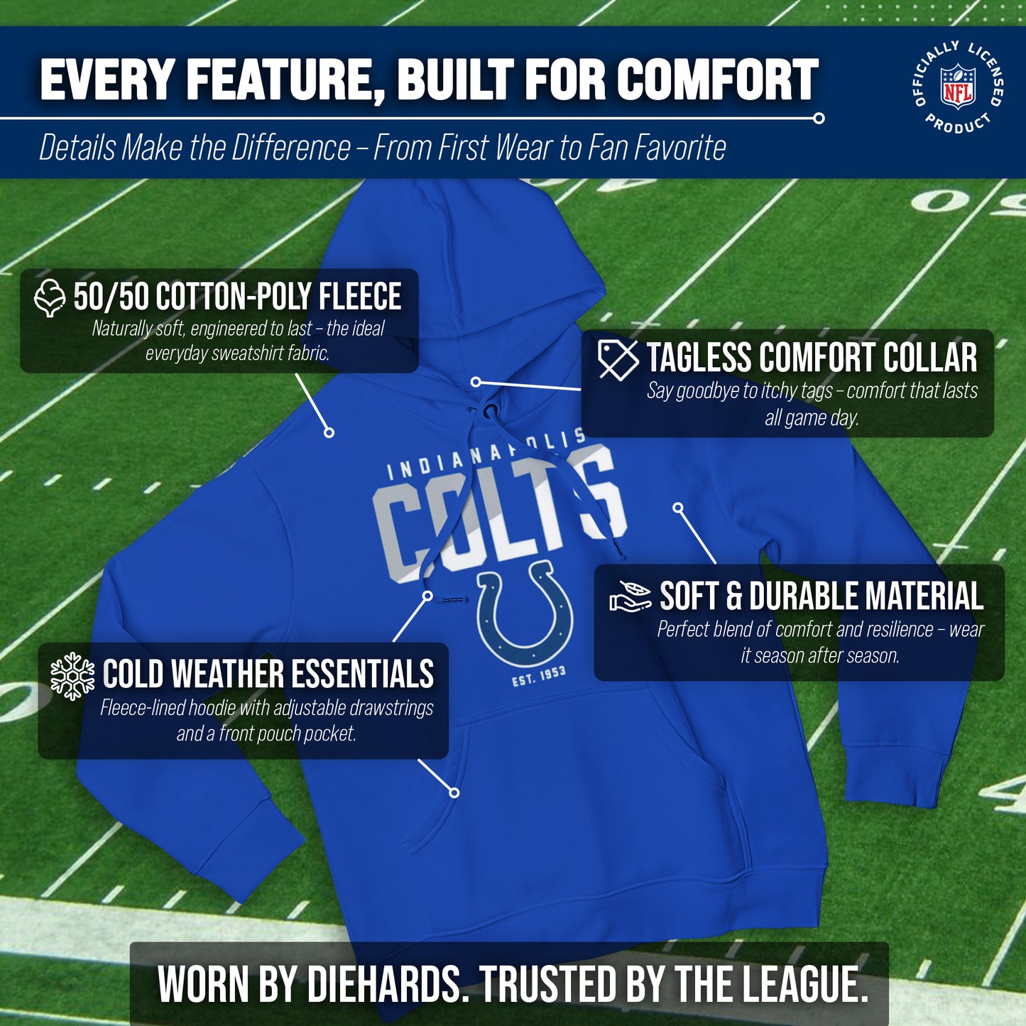 Indianapolis Colts Adult NFL Diagonal Fade Fleece Hooded Sweatshirt - Royal
