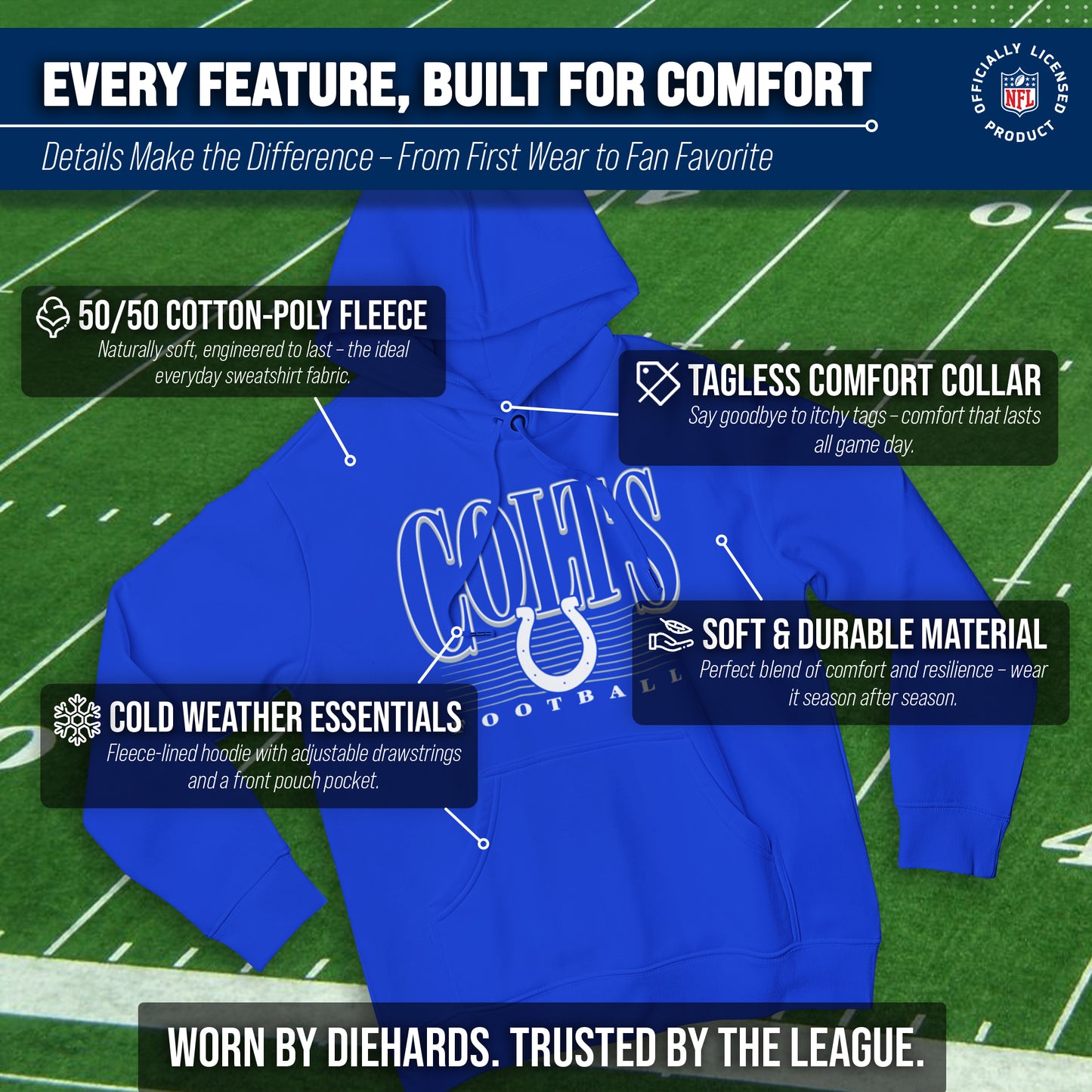 Indianapolis Colts NFL Adult Unisex Overtime Blueprint Soft Fleece Hooded Sweatshirt - Royal