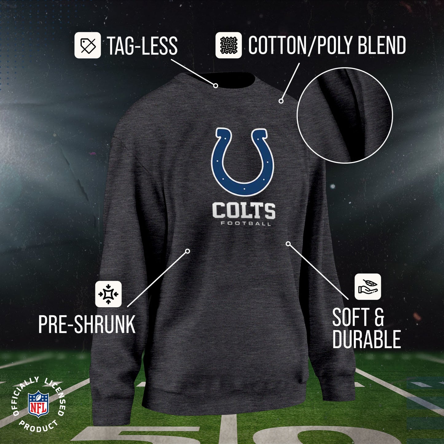 Indianapolis Colts Women's NFL Ultimate Fan Logo Slouchy Crewneck -Tagless Fleece Lightweight Pullover - Charcoal