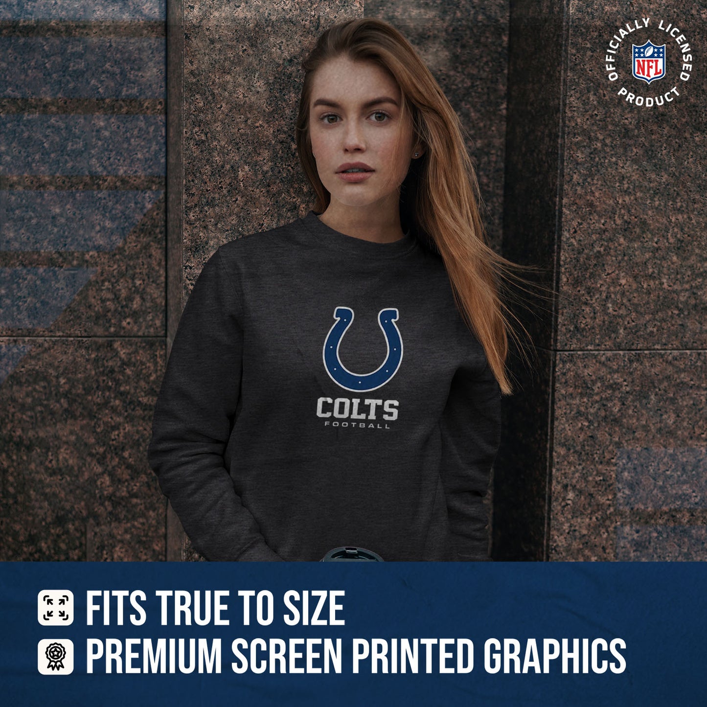 Indianapolis Colts Women's NFL Ultimate Fan Logo Slouchy Crewneck -Tagless Fleece Lightweight Pullover - Charcoal