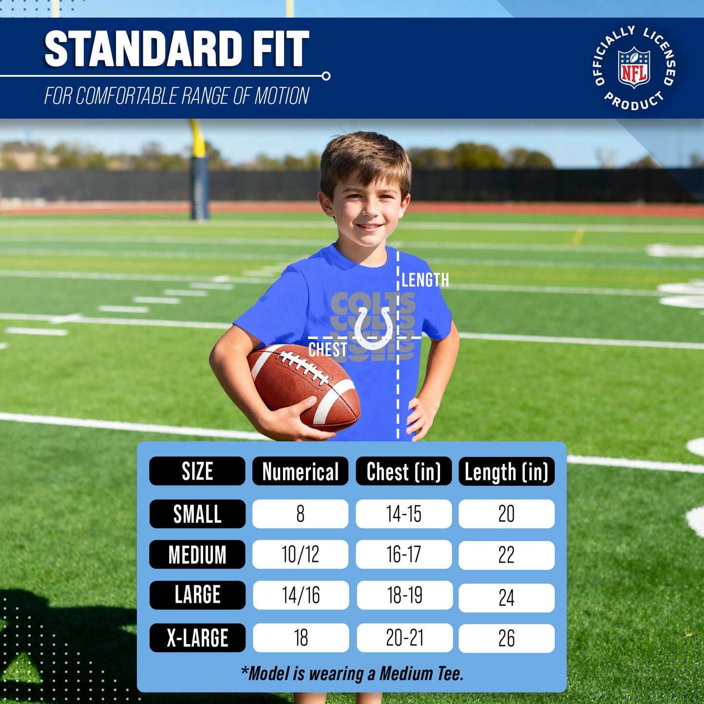Indianapolis Colts NFL Youth Repeating Logo Football T-Shirt Unisex Tag Free Comfortable - Royal