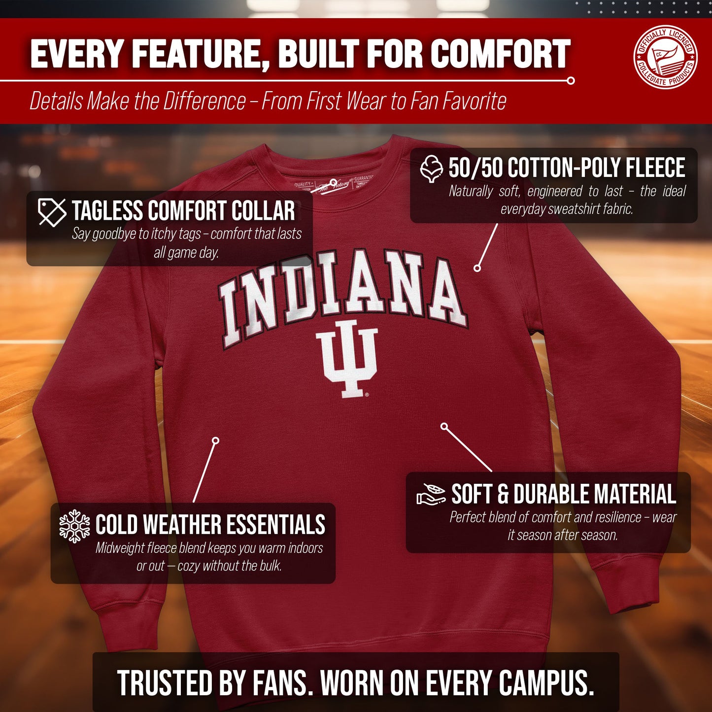 Indiana Hoosiers Campus Colors Adult Arch & Logo Soft Style Gameday Crewneck Sweatshirt - Cardinal