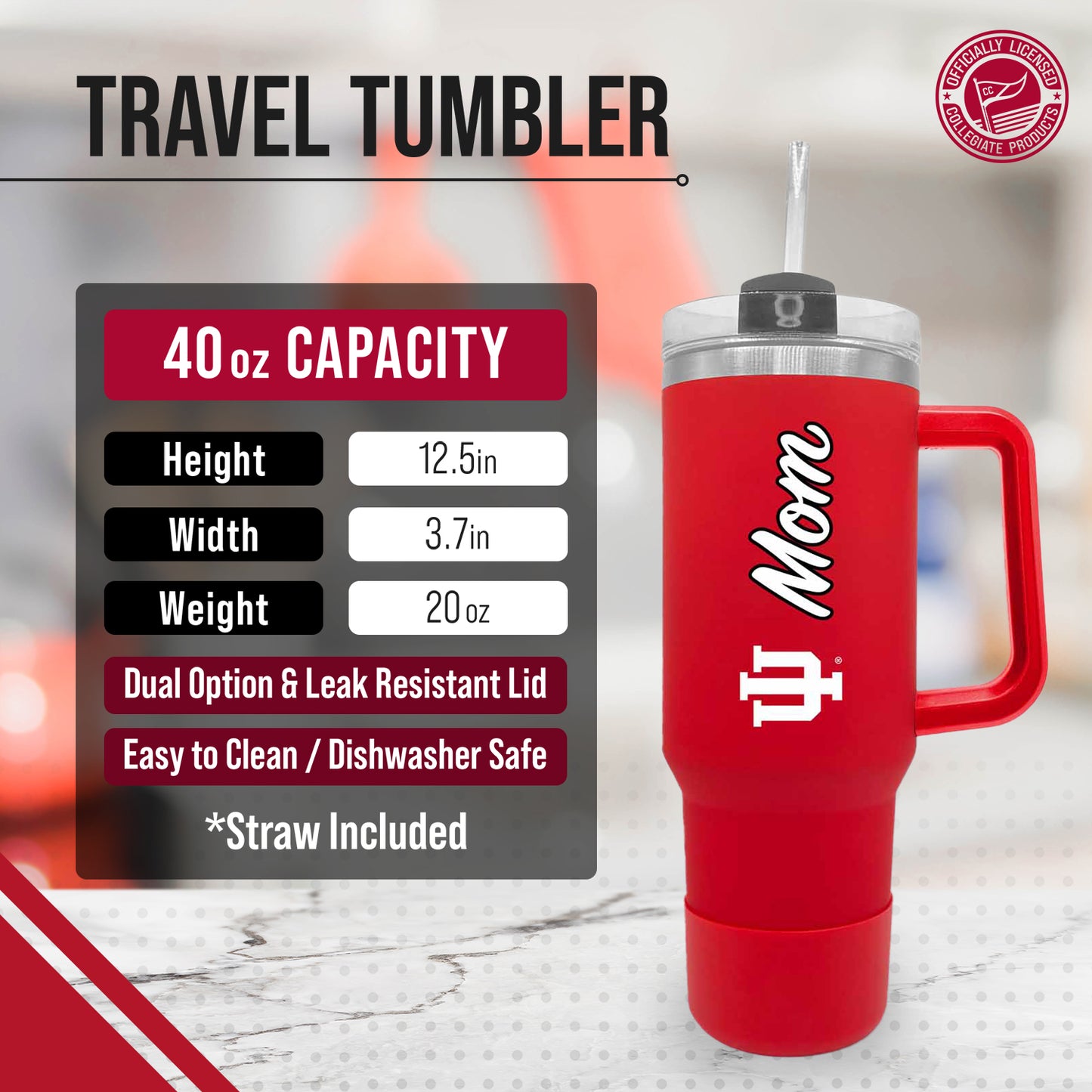 Indiana Hoosiers Collegiate 40oz Stainless Steel Travel Tumbler with Handle for Mom - Crimson