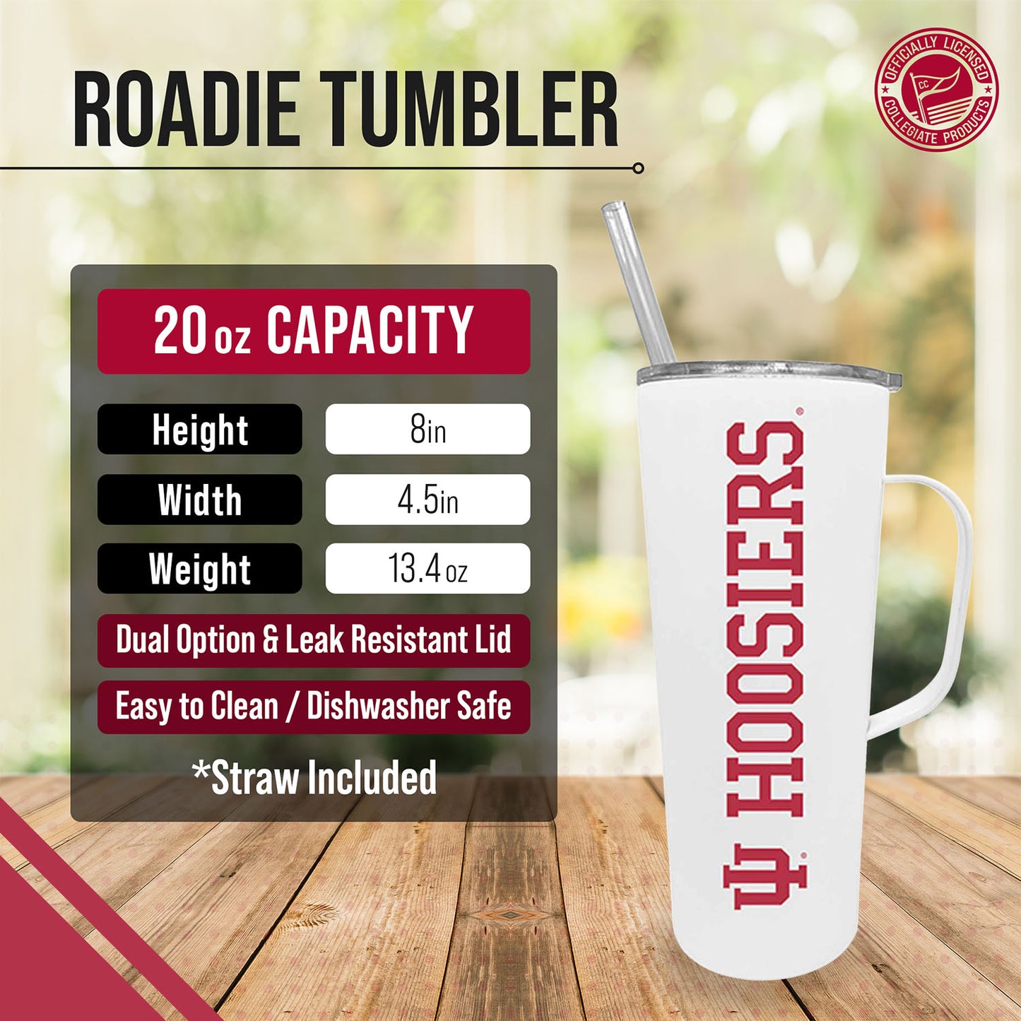 Indiana Hoosiers NCAA Stainless Steel 20oz Roadie With Handle & Dual Option Lid With Straw - White