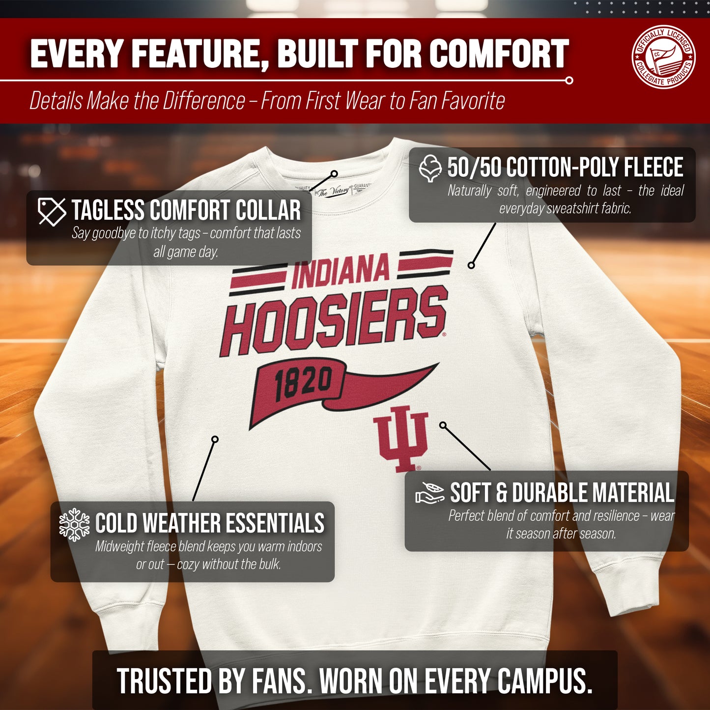 Indiana Hoosiers NCAA Adult Unisex Varsity Club Pennant Crewneck Fleece Sweatshirt - Off White