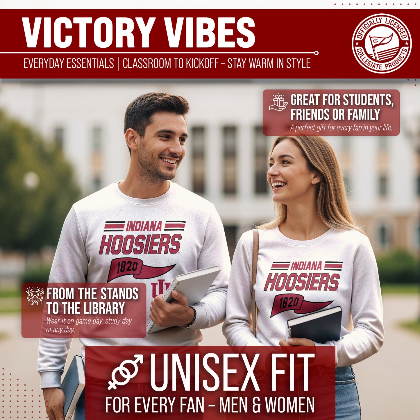 Indiana Hoosiers NCAA Adult Unisex Varsity Club Pennant Crewneck Fleece Sweatshirt - Off White