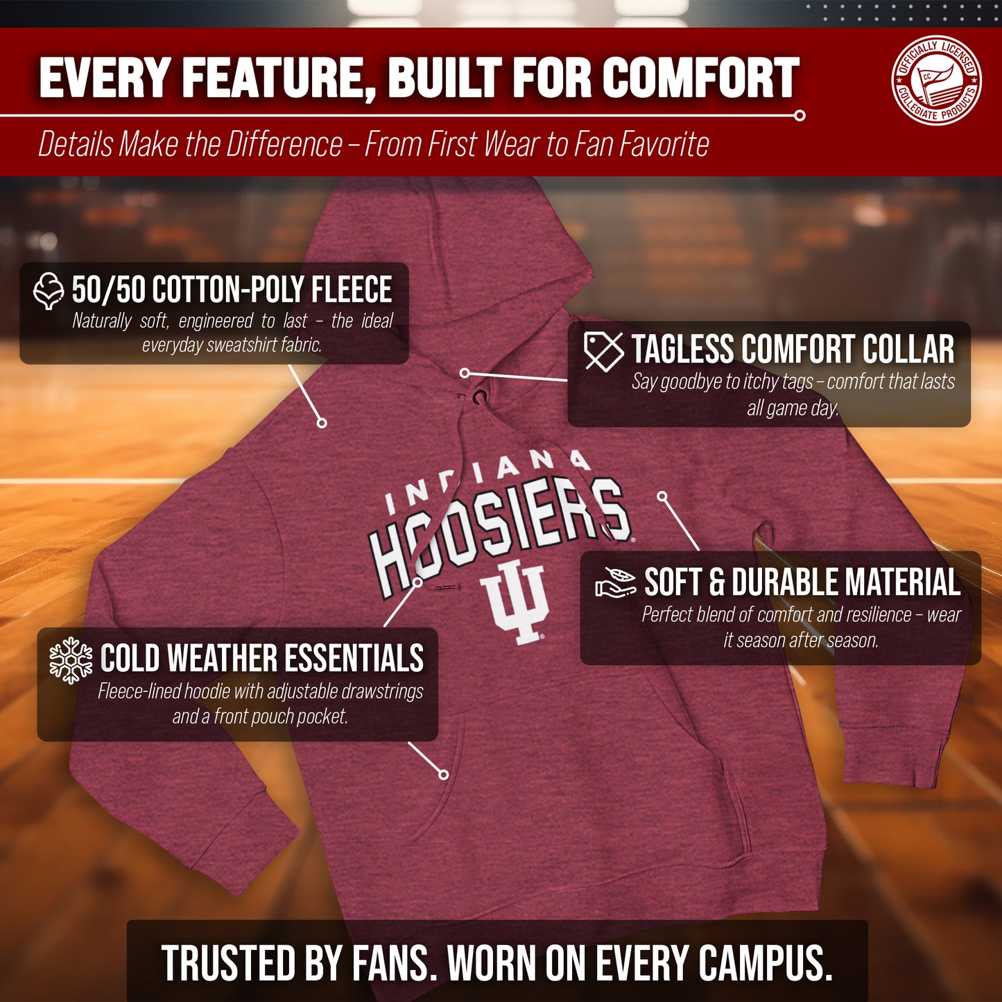 Indiana Hoosiers NCAA Adult Unisex Starting Fresh Heathered Hooded Fleece Sweatshirt - Cardinal Heather