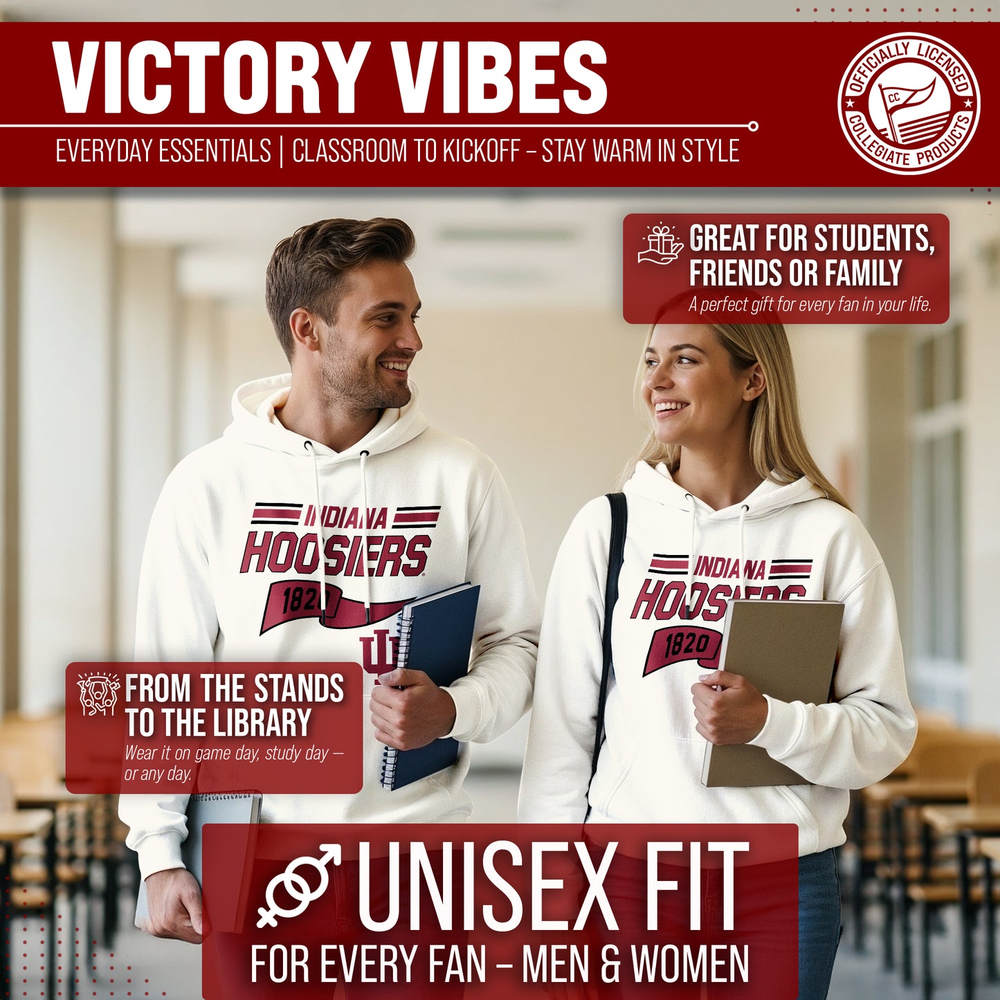 Indiana Hoosiers NCAA Adult Unisex Varsity Club Pennant Hooded Fleece Sweatshirt - Off White