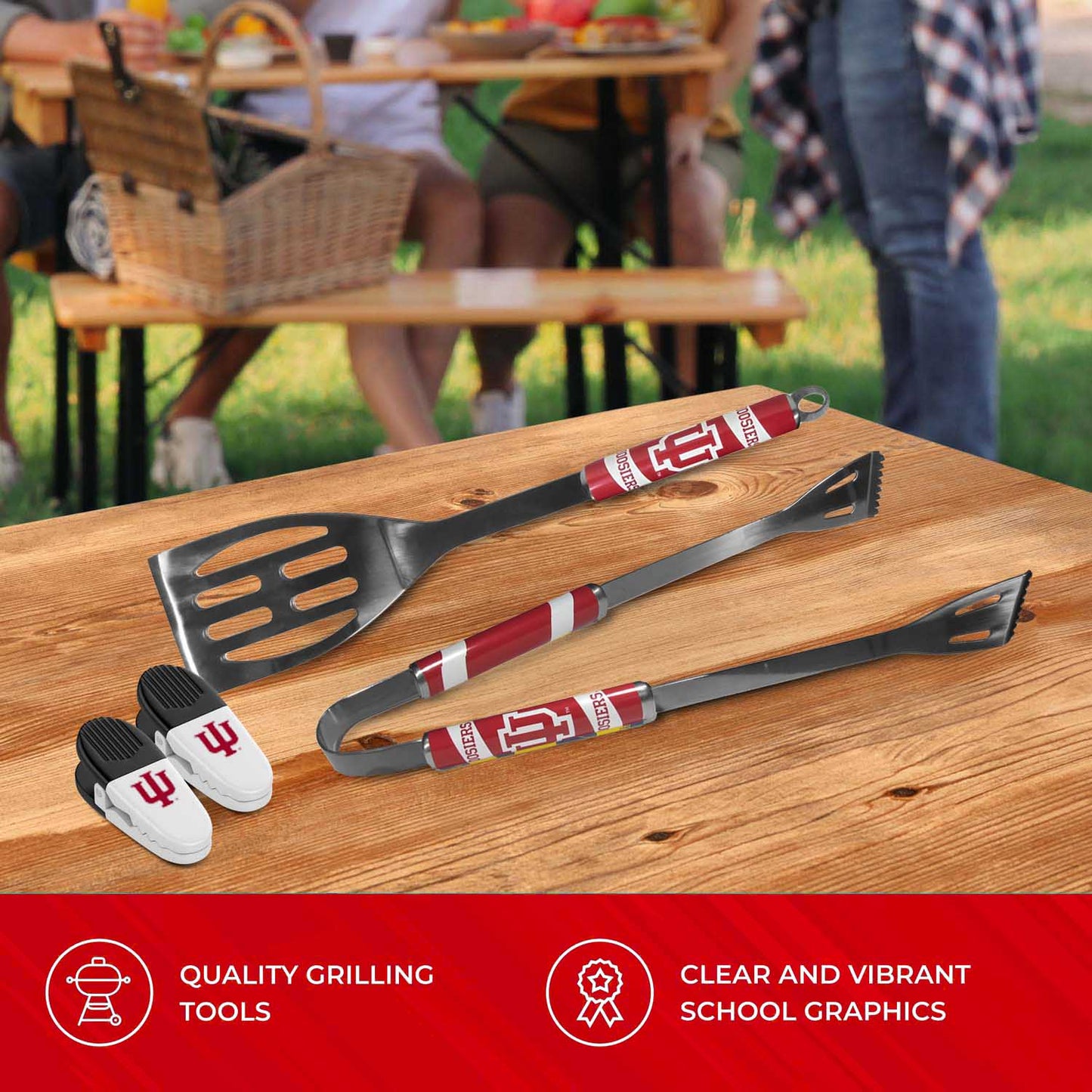 Indiana Hoosiers Collegiate University Two Piece Grilling Tools Set with 2 Magnet Chip Clips - Chrome