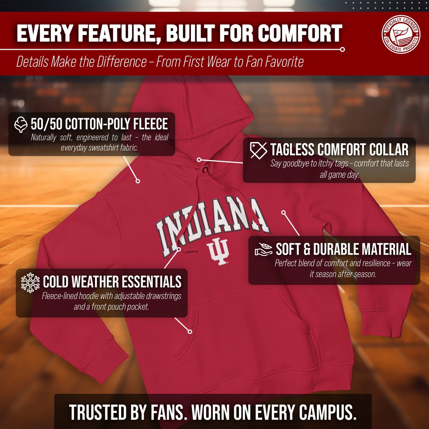 Indiana Hoosiers NCAA Adult Tackle Twill Hooded Sweatshirt - Crimson