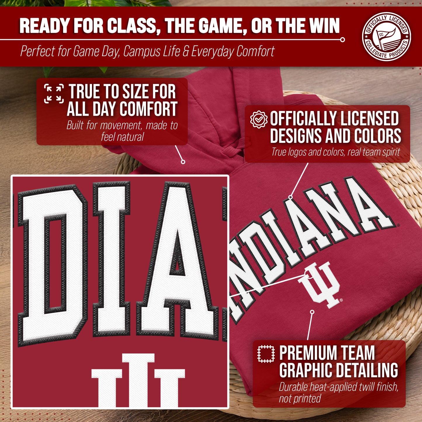 Indiana Hoosiers NCAA Adult Tackle Twill Hooded Sweatshirt - Crimson