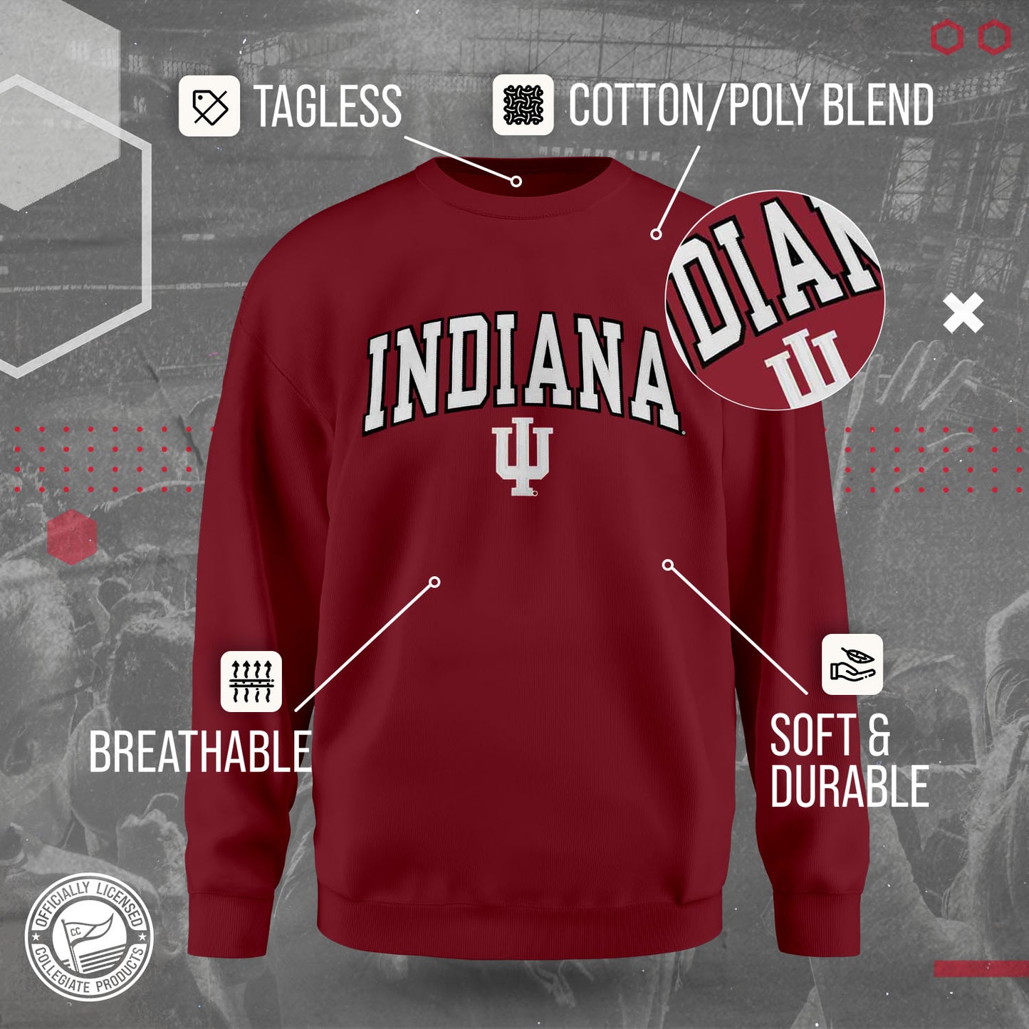 Indiana Hoosiers NCAA Adult Tackle Twill Crewneck Sweatshirt - Crimson