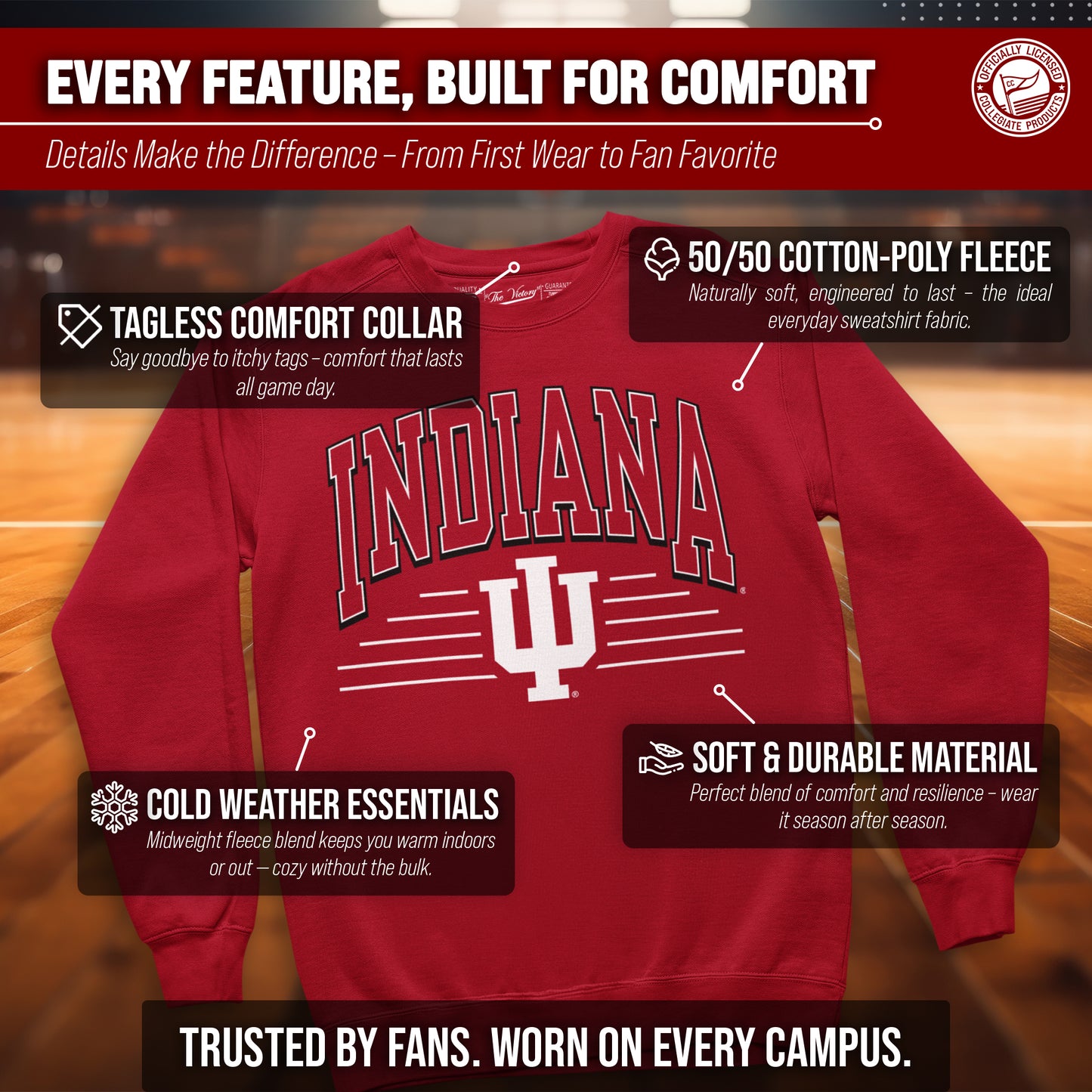 Indiana Hoosiers NCAA Adult Unisex Overtime Classics Crewneck Fleece Sweatshirt - Cardinal
