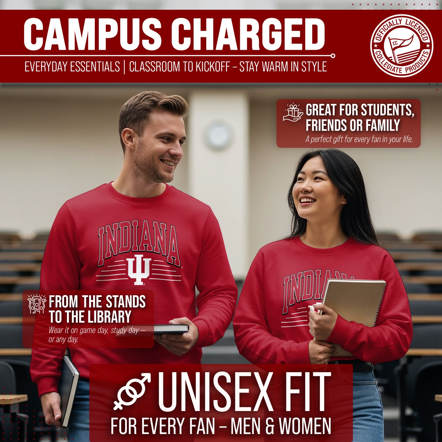 Indiana Hoosiers NCAA Adult Unisex Overtime Classics Crewneck Fleece Sweatshirt - Cardinal