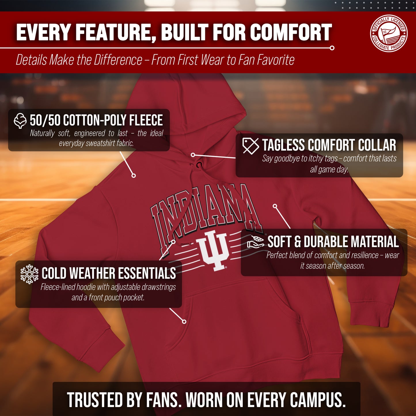 Indiana Hoosiers NCAA Adult Unisex Overtime Classics Hooded Fleece Sweatshirt - Cardinal