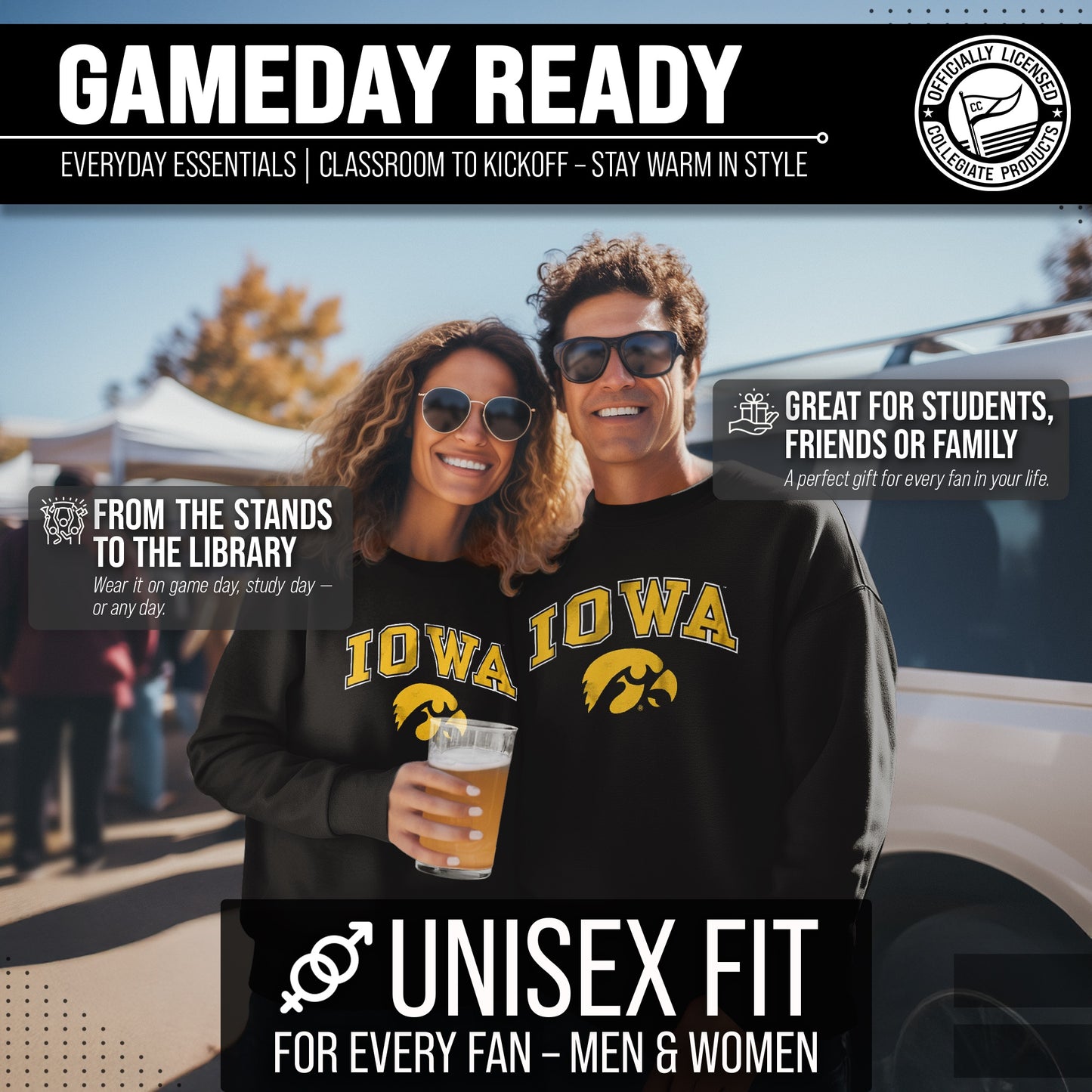 Iowa Hawkeyes Adult Arch & Logo Soft Style Gameday Crewneck Sweatshirt - Black