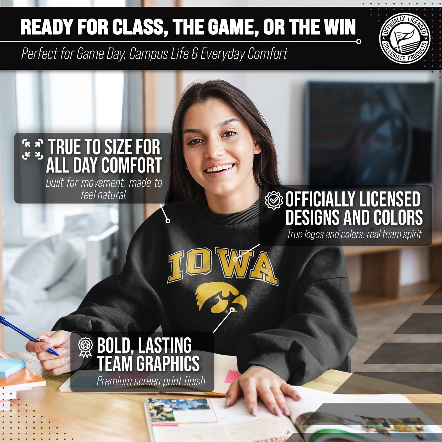Iowa Hawkeyes Adult Arch & Logo Soft Style Gameday Crewneck Sweatshirt - Black