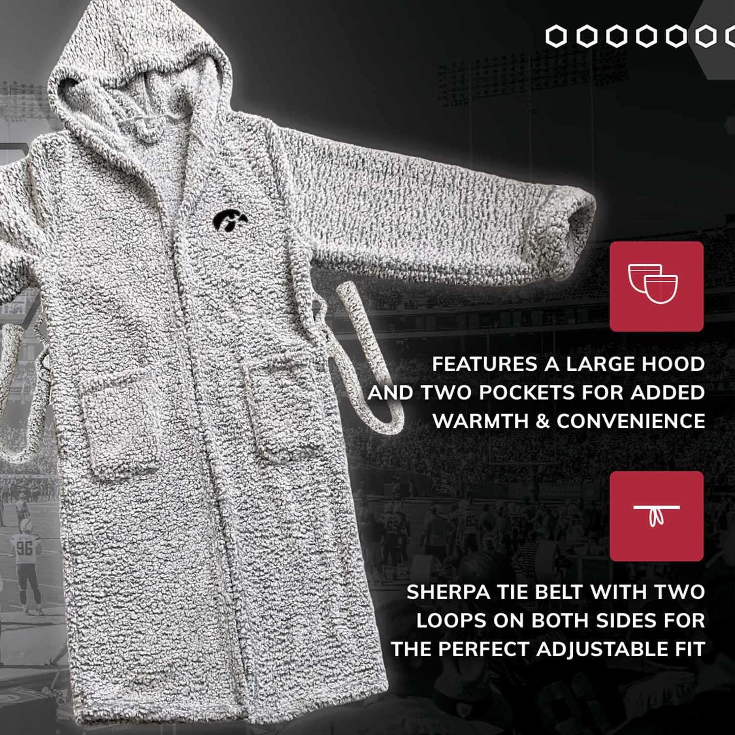 Iowa Hawkeyes NCAA Adult Plush Hooded Robe with Pockets - Gray