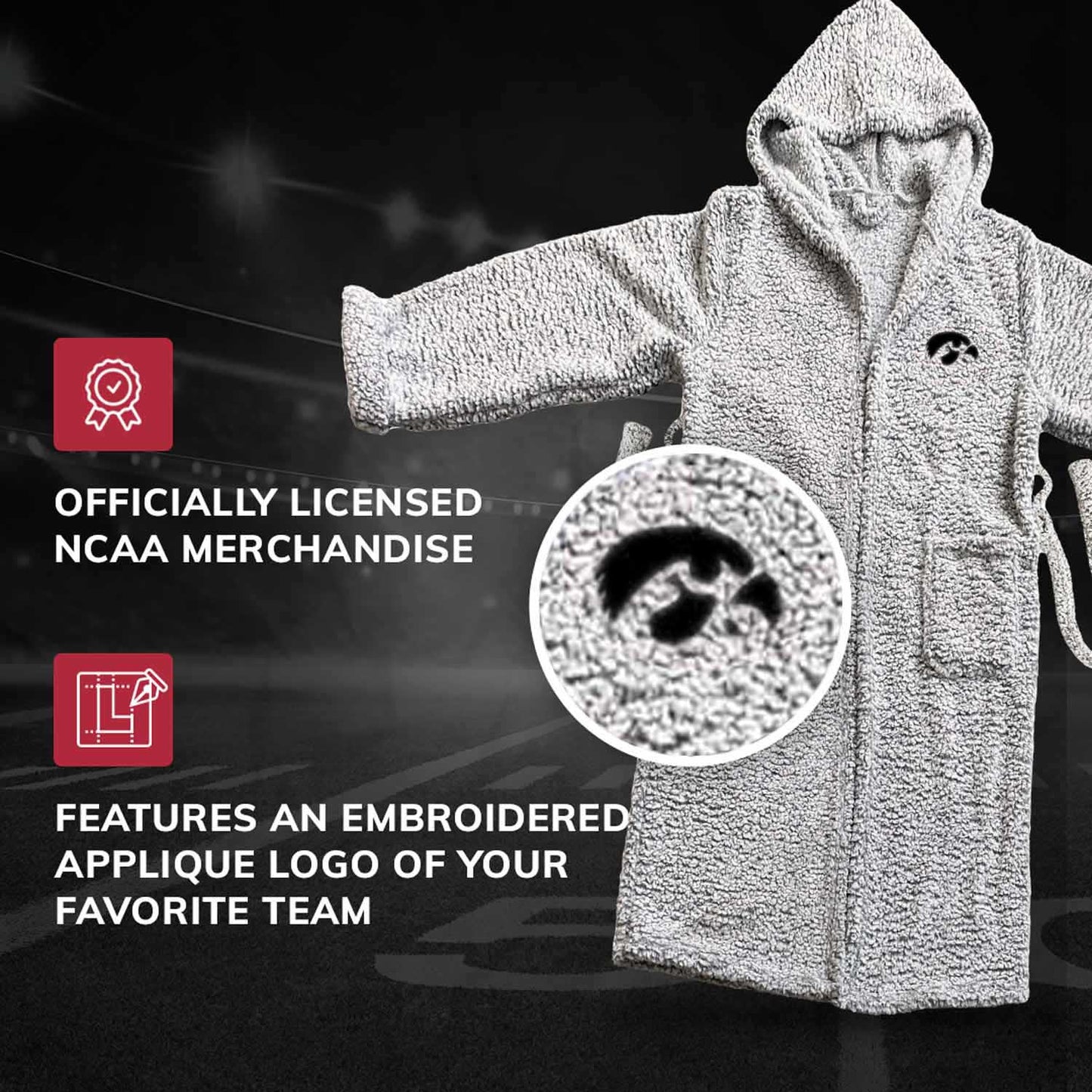 Iowa Hawkeyes NCAA Adult Plush Hooded Robe with Pockets - Gray