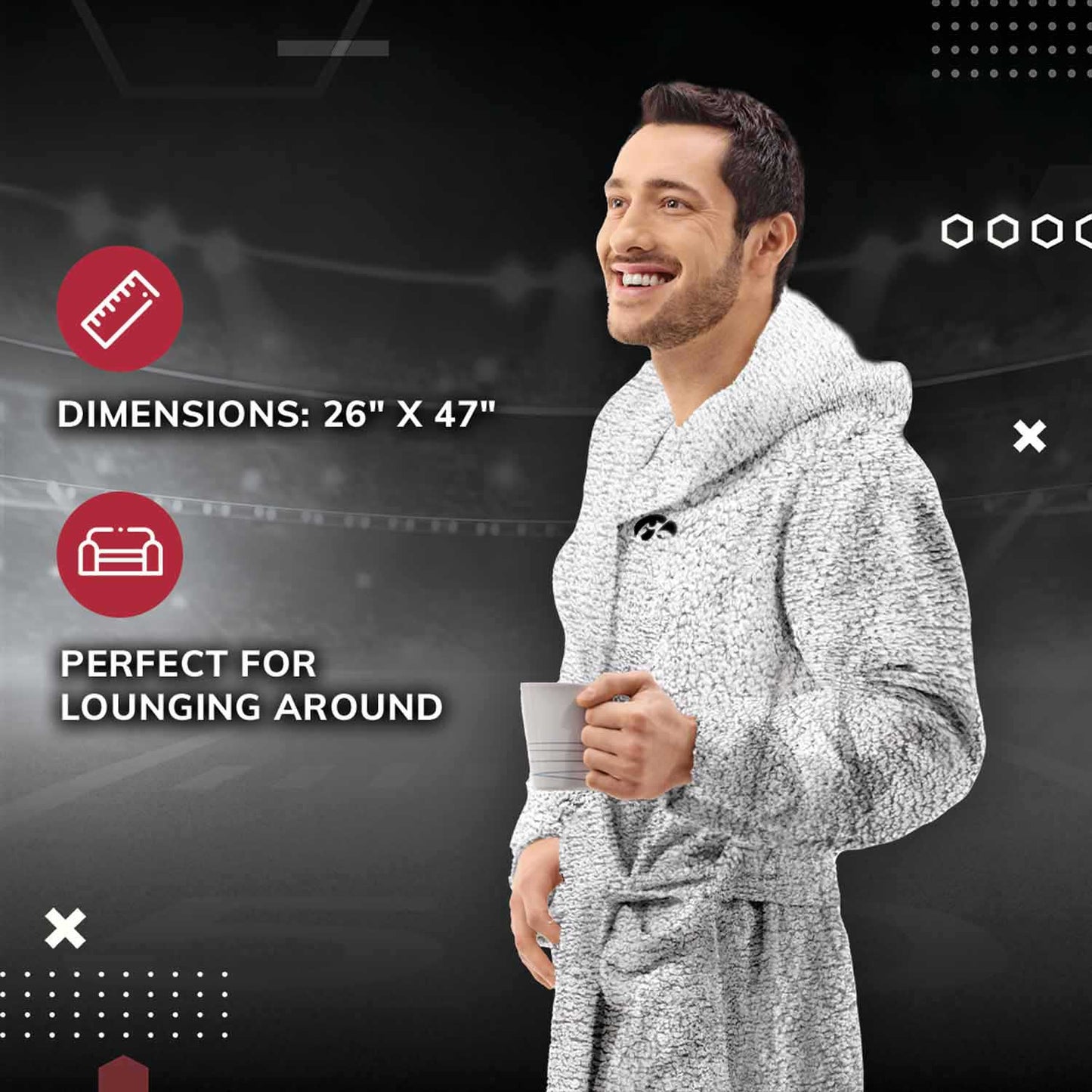 Iowa Hawkeyes NCAA Adult Plush Hooded Robe with Pockets - Gray