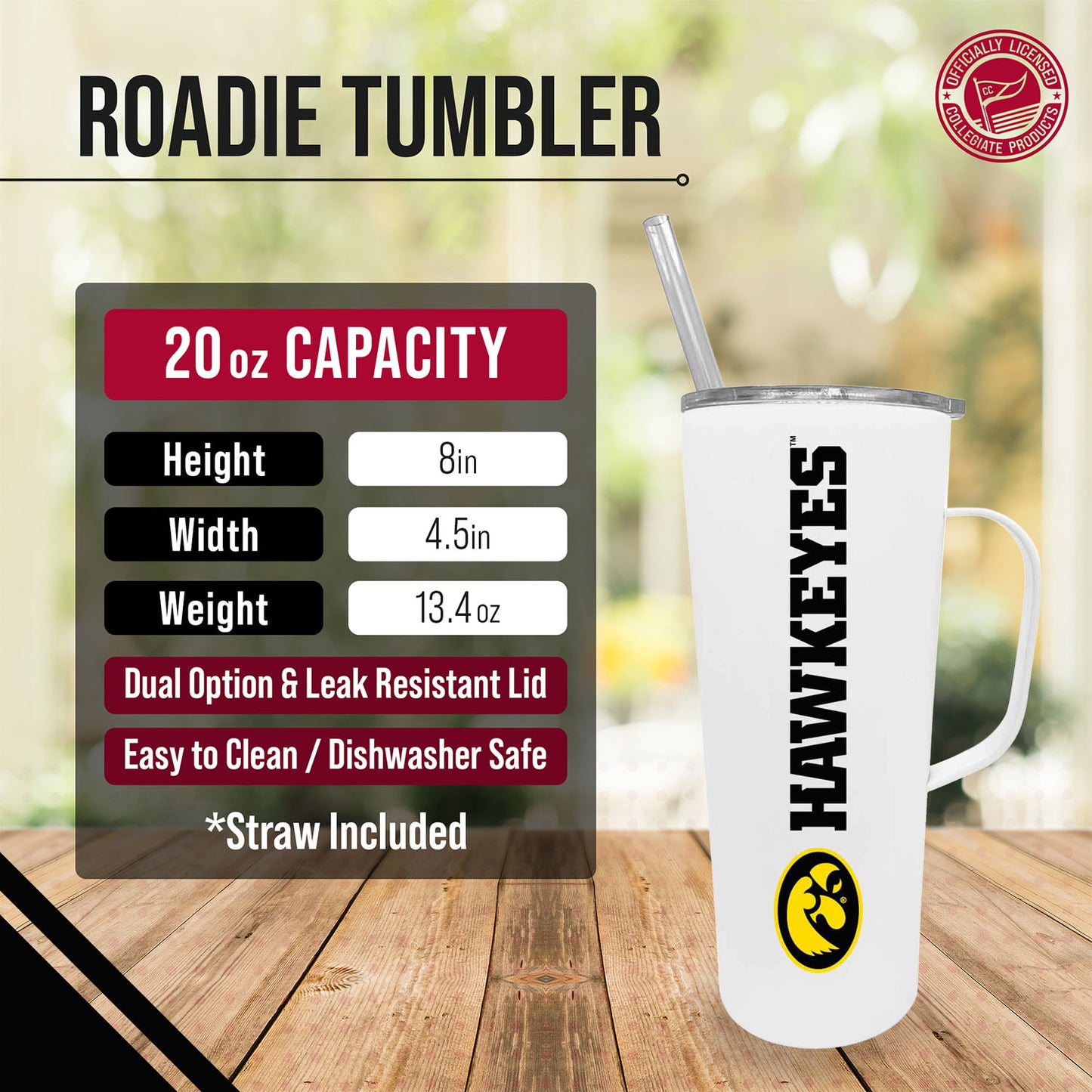 Iowa Hawkeyes NCAA Stainless Steel 20oz Roadie With Handle & Dual Option Lid With Straw - White