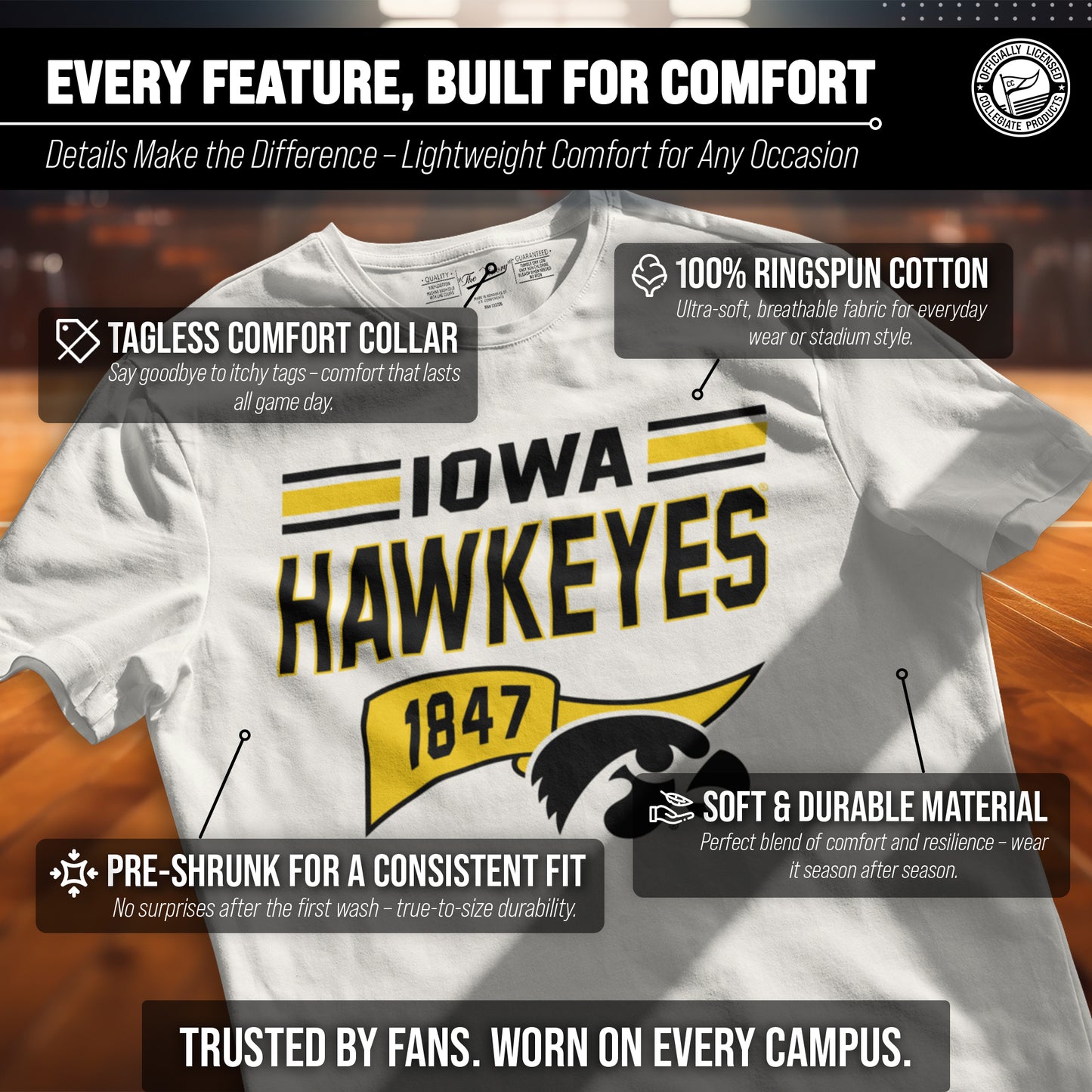 Iowa Hawkeyes NCAA Adult Unisex Varsity Club Pennant T-Shirt Tag-Less - Off White
