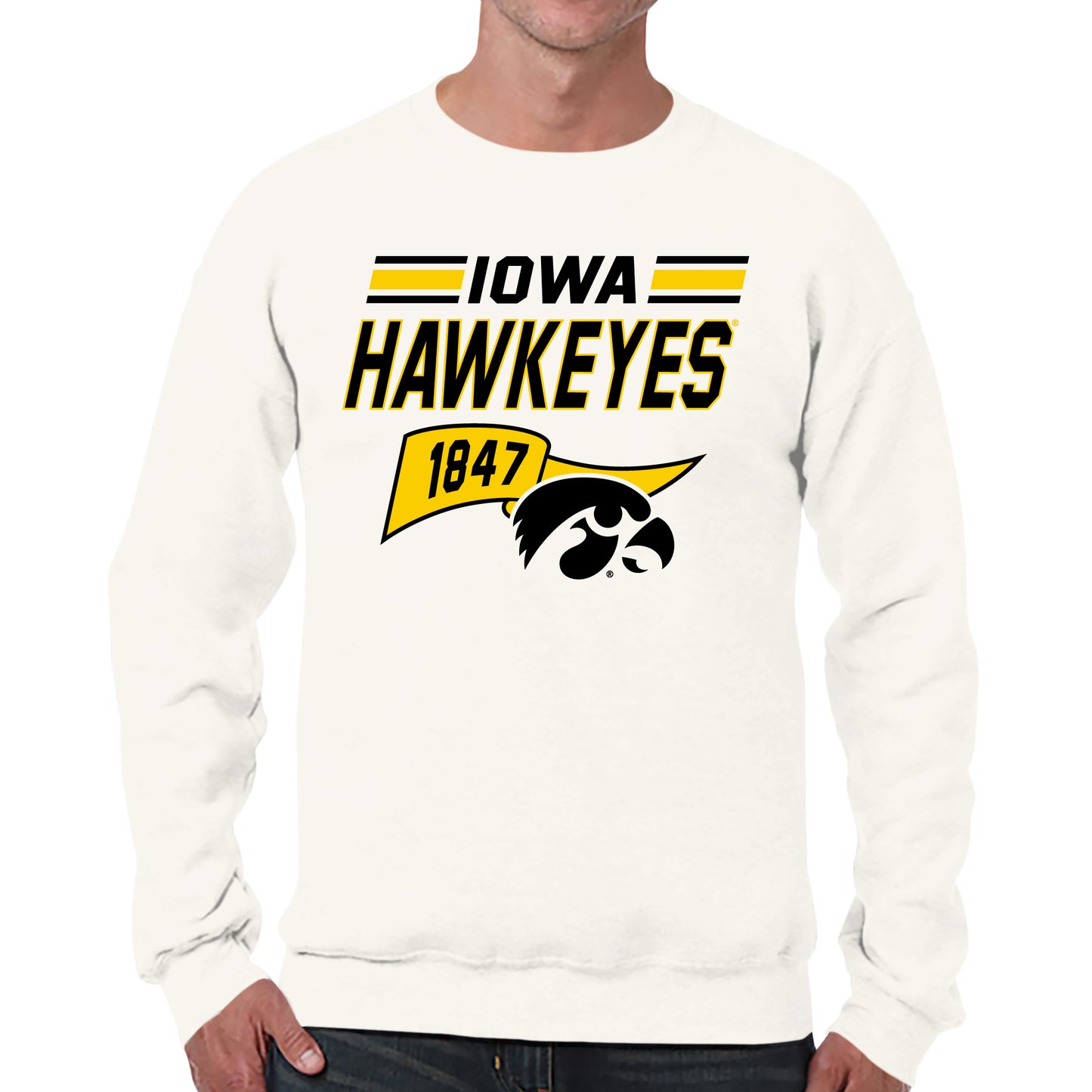 Iowa Hawkeyes NCAA Adult Unisex Varsity Club Pennant Crewneck Fleece Sweatshirt - Off White