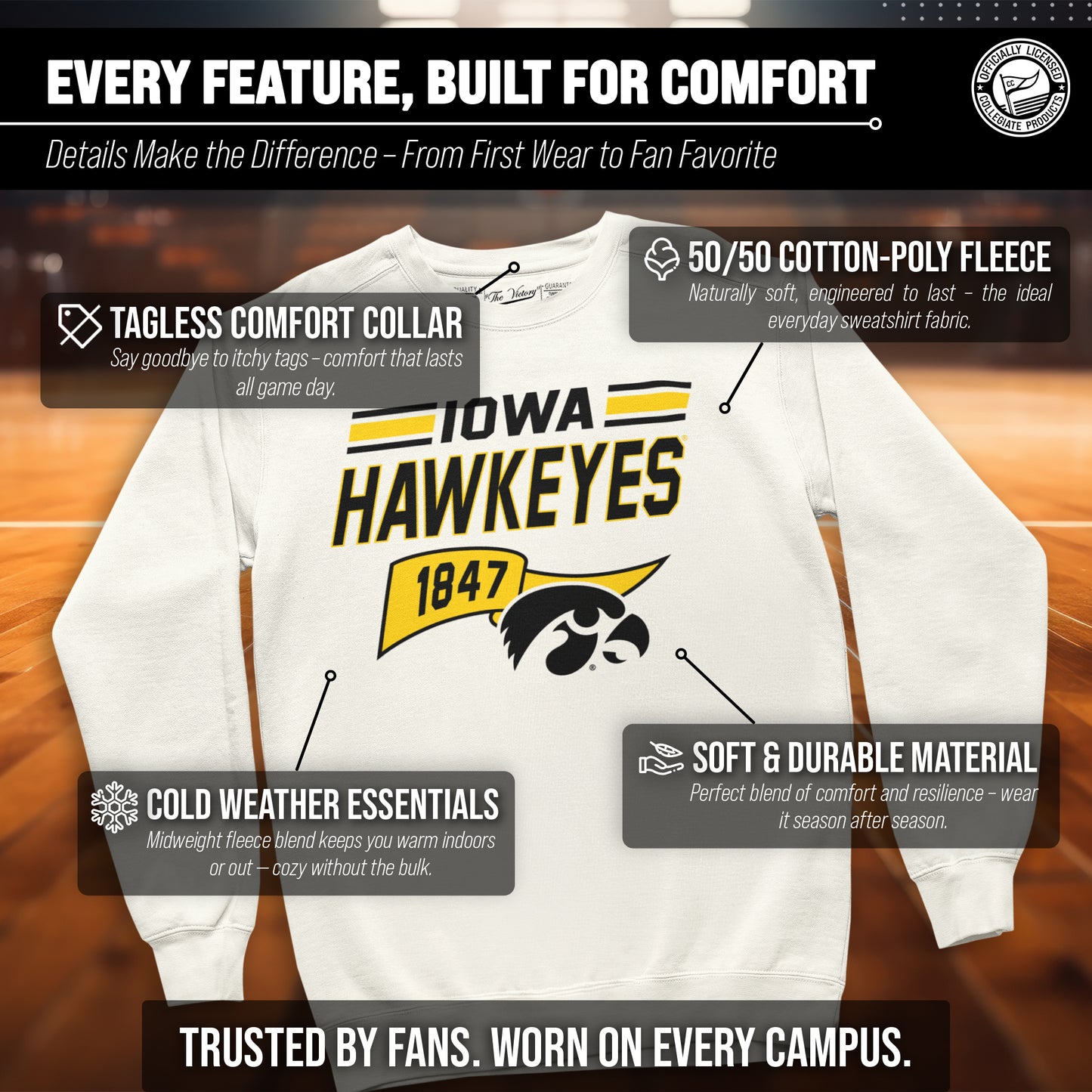 Iowa Hawkeyes NCAA Adult Unisex Varsity Club Pennant Crewneck Fleece Sweatshirt - Off White
